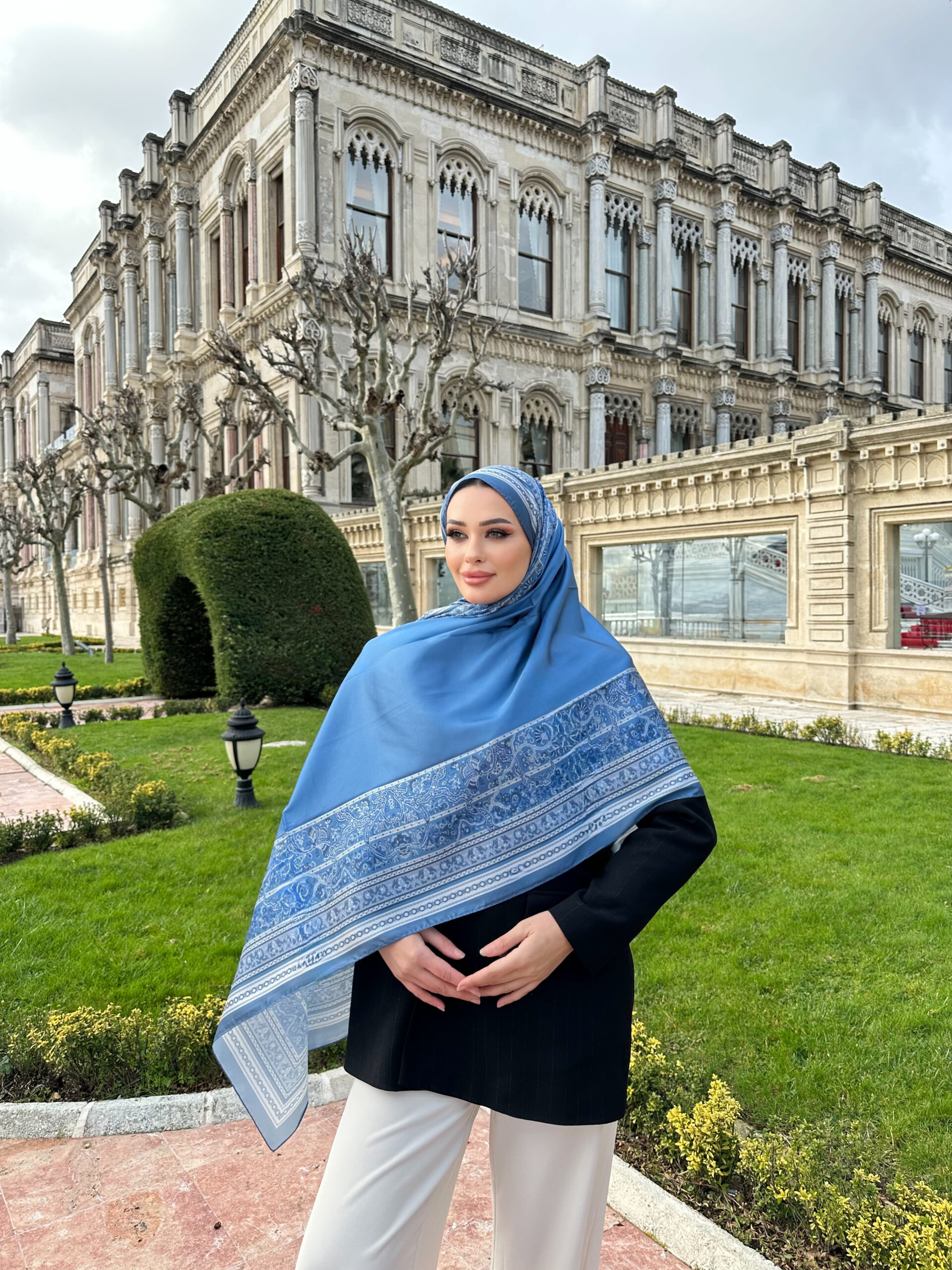 Çini Rüyası Vual İpek Şal 10101 - Duman Mavisi - Görsel 4