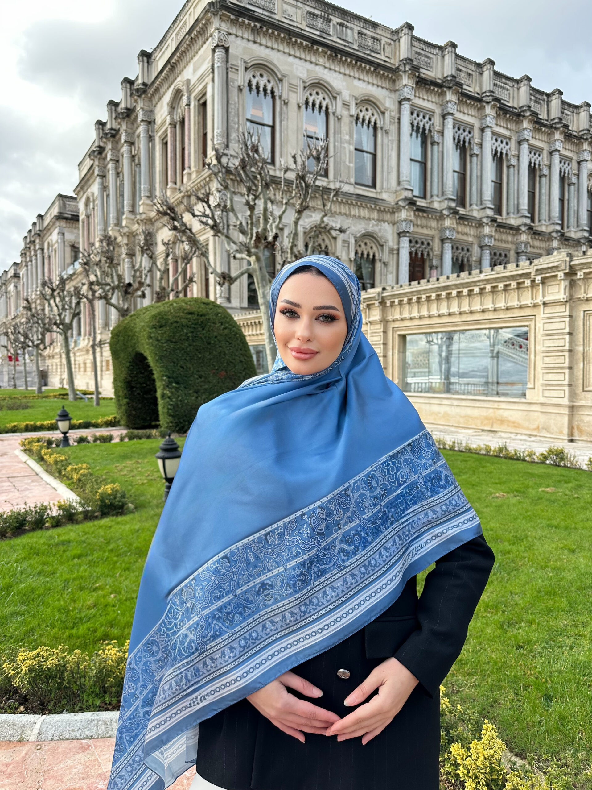 Çini Rüyası Vual İpek Şal 10101 - Duman Mavisi - Görsel 3