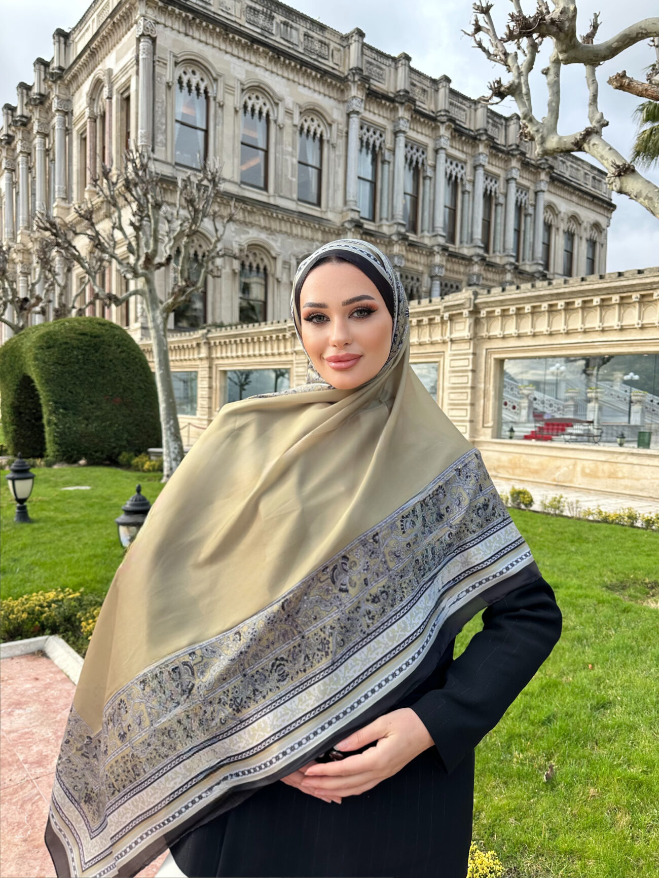 Çini Rüyası Vual İpek Şal 10101 - Yağ Yeşili - Görsel 4