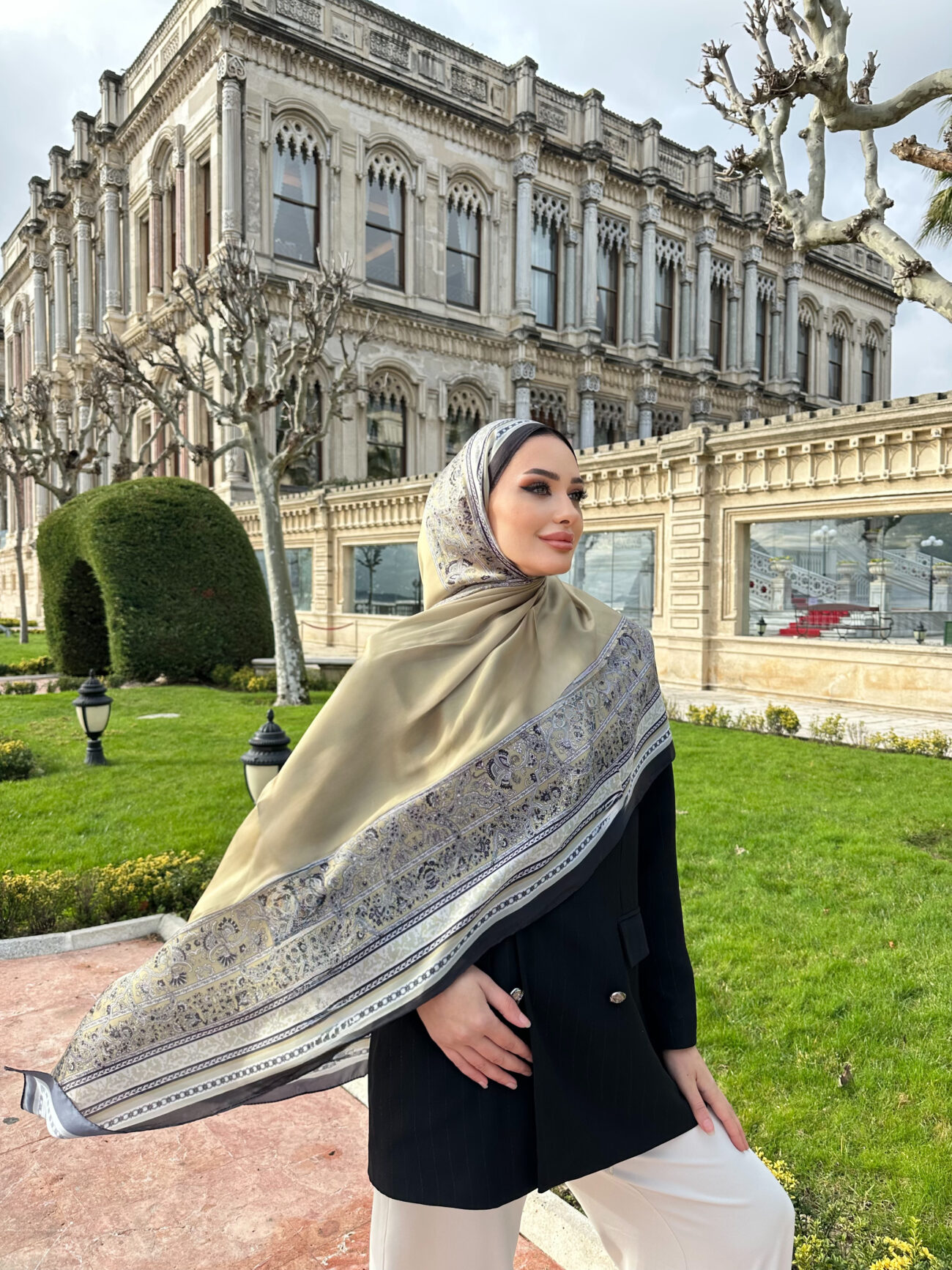 Çini Rüyası Vual İpek Şal 10101 - Yağ Yeşili - Görsel 3