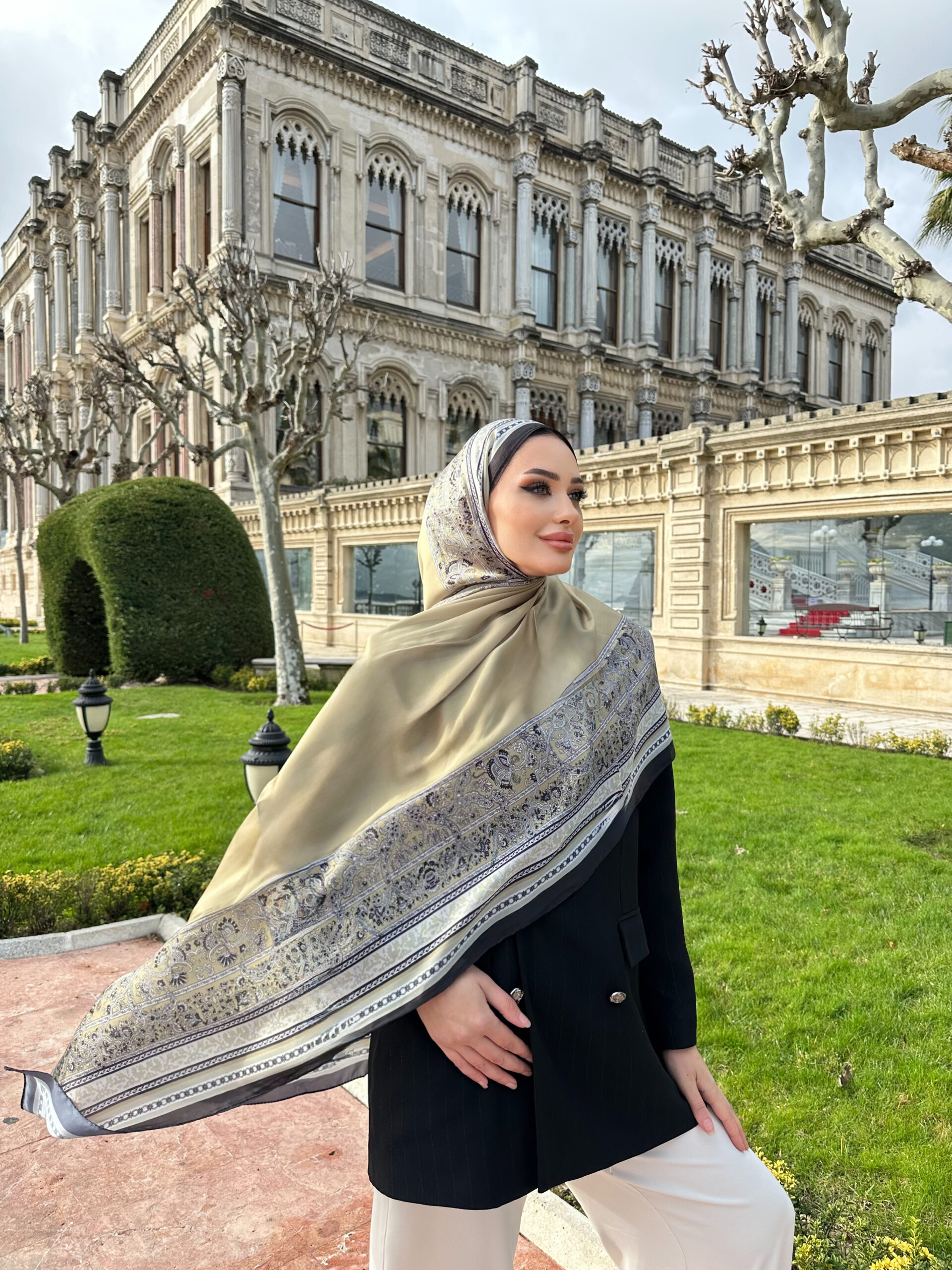 Çini Rüyası Vual İpek Şal 10101 - Yağ Yeşili - Görsel 3