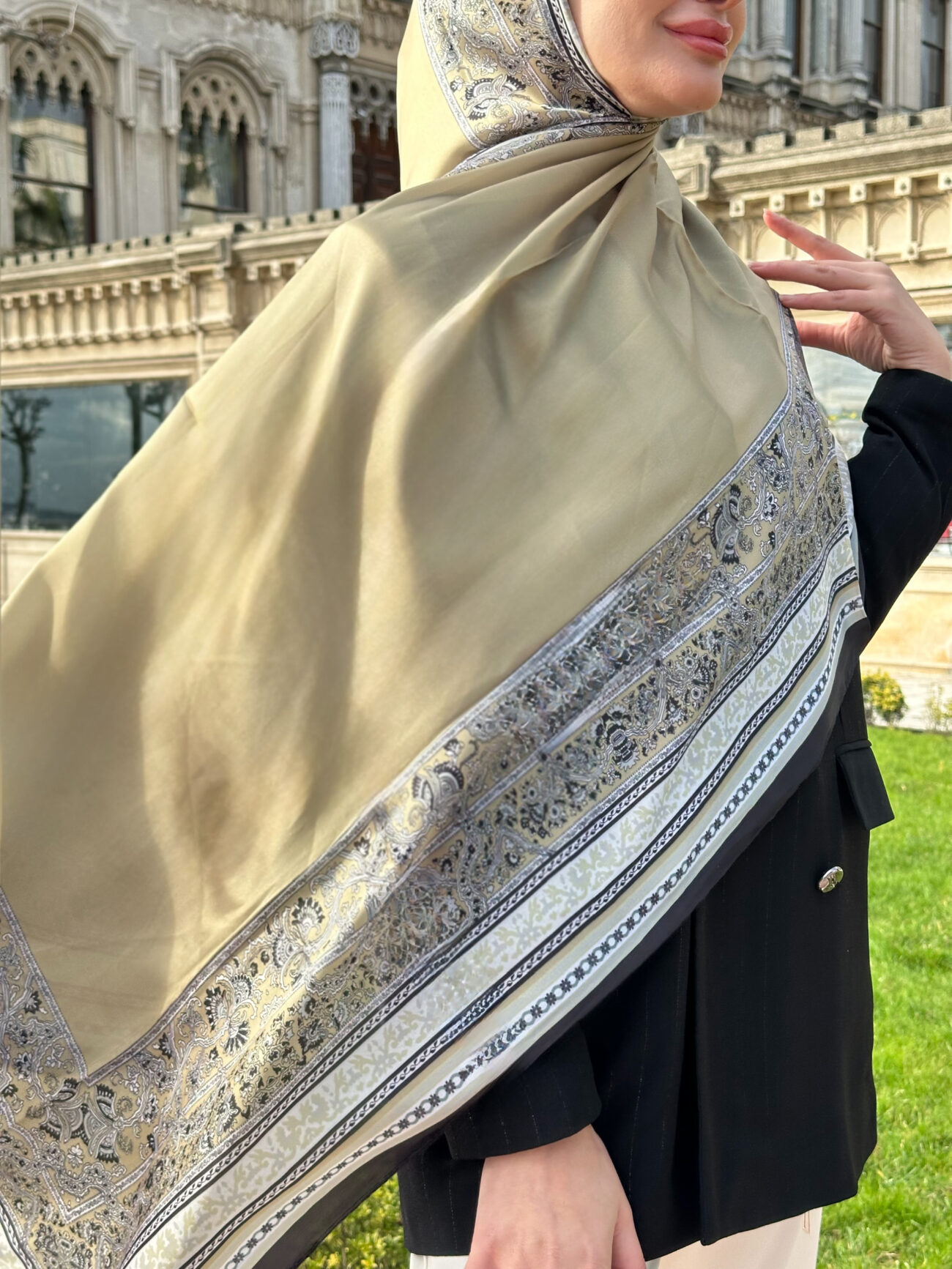 Çini Rüyası Vual İpek Şal 10101 - Yağ Yeşili - Görsel 2