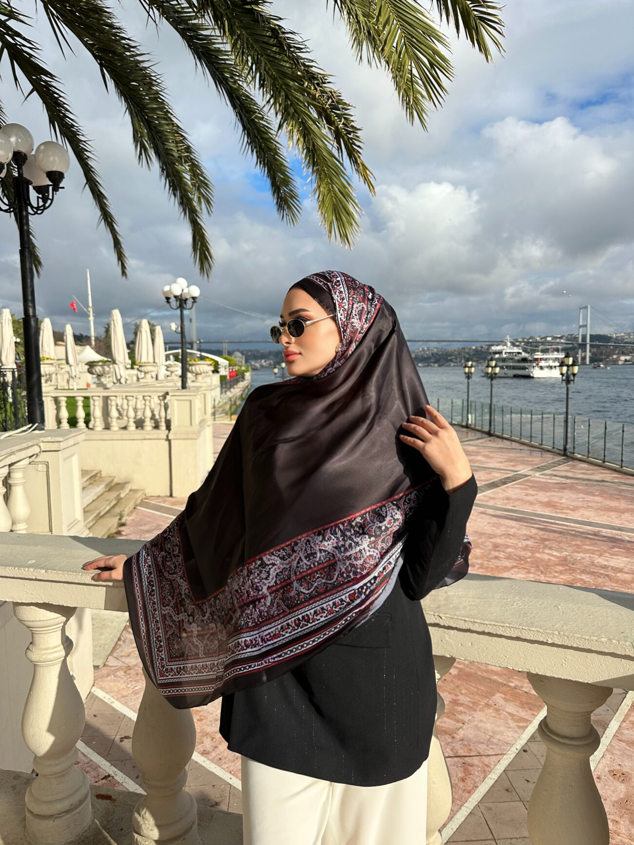 Çini Rüyası Vual İpek Şal 10101 - Siyah Bordo - Görsel 2