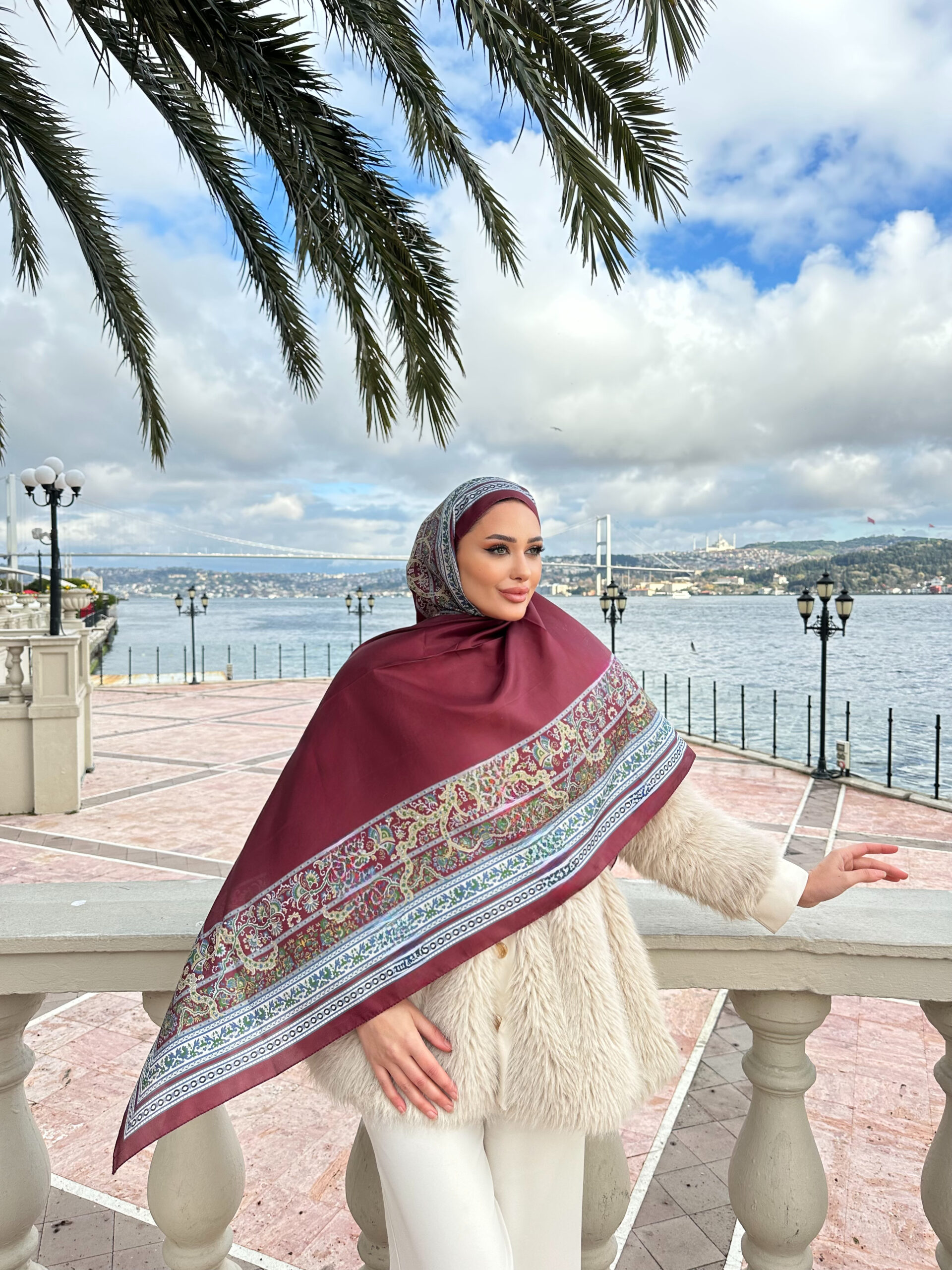 Çini Rüyası Vual İpek Şal 10101 - Bordo