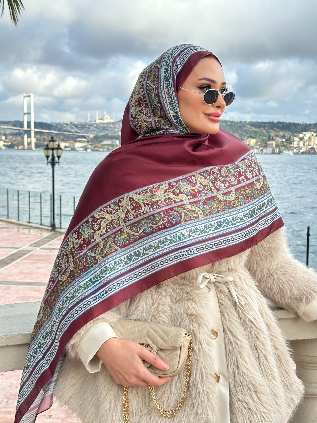 Çini Rüyası Vual İpek Şal 10101 - Bordo - Görsel 3