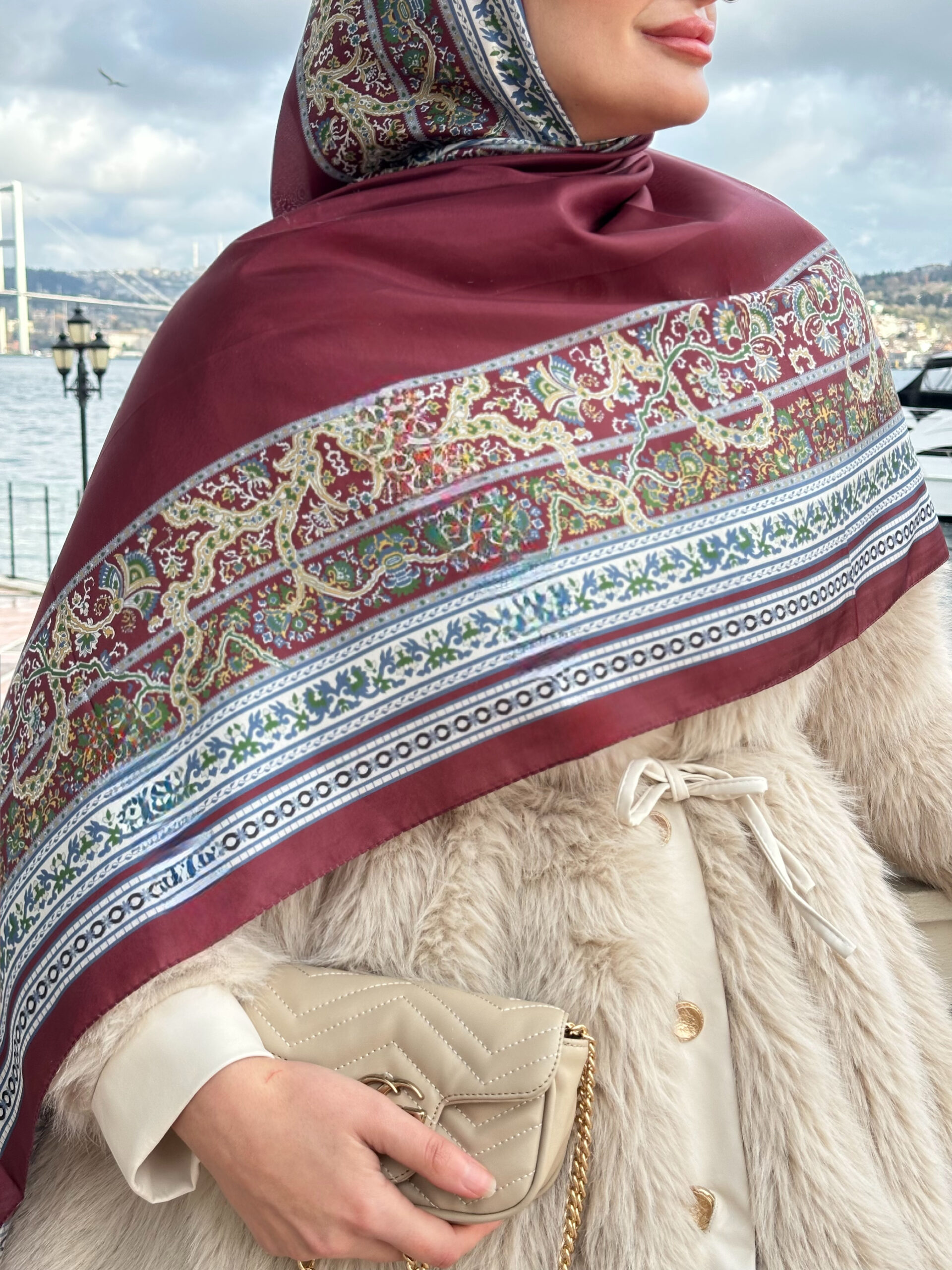 Çini Rüyası Vual İpek Şal 10101 - Bordo - Görsel 4