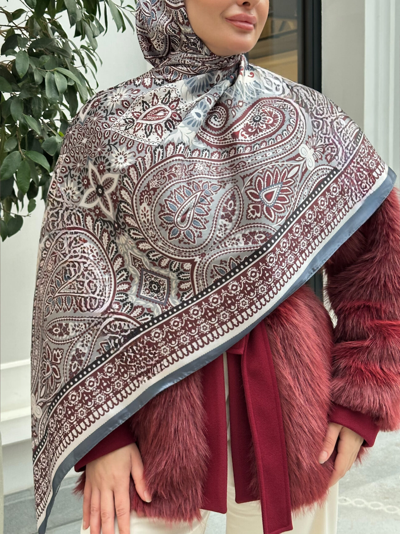 Şehzade Vual İpek Şal 10102 - Füme Bordo - Görsel 3