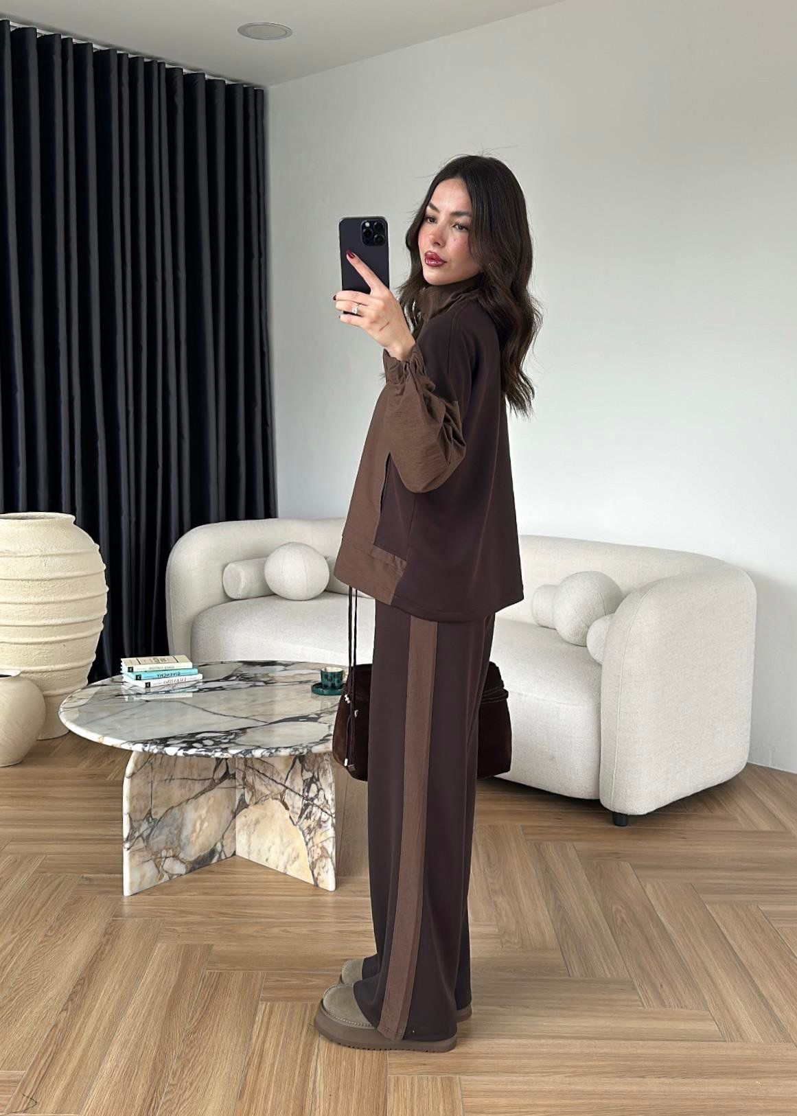 Aurex Garnili Paraşüt Detaylı İkili Takım - Kahve - Görsel 3