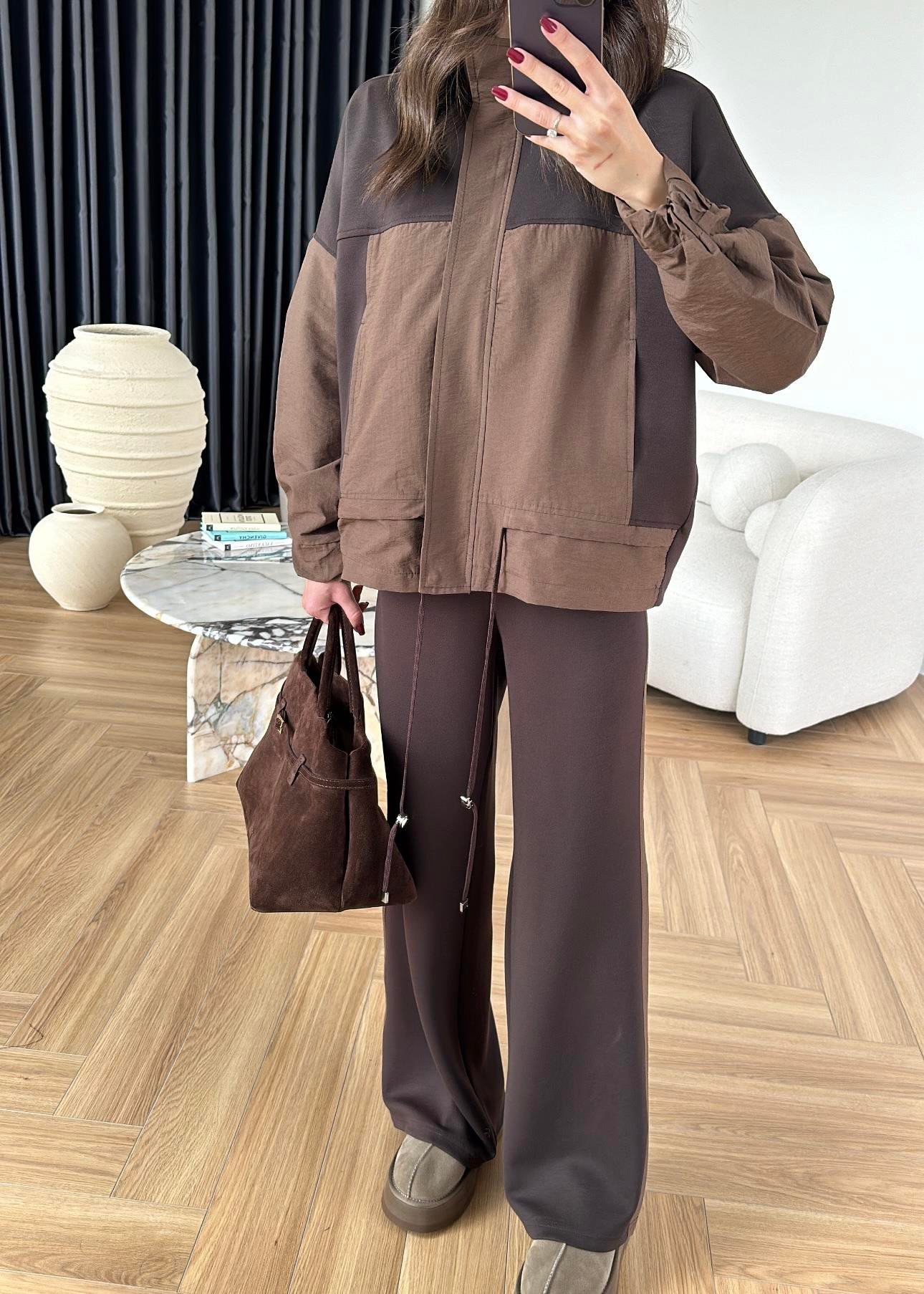 Aurex Garnili Paraşüt Detaylı İkili Takım - Kahve - Görsel 4