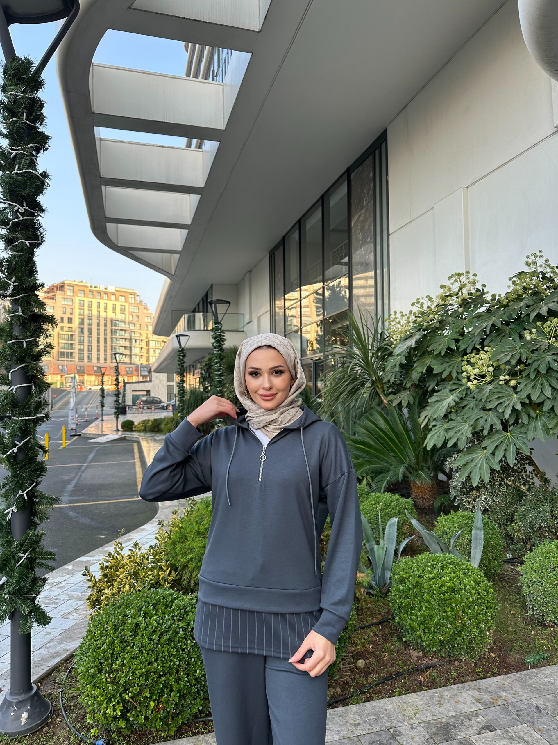 Premium Oysho Kumaş Çizgili İkili Takım - Füme - Görsel 10