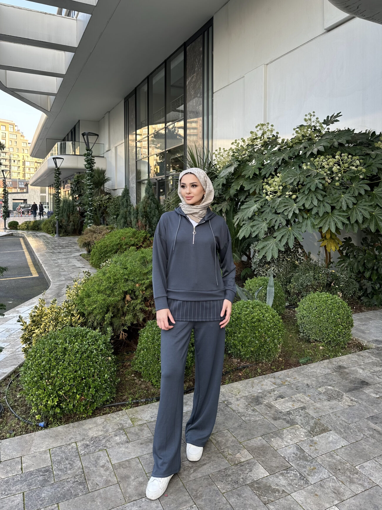 Premium Oysho Kumaş Çizgili İkili Takım - Füme - Görsel 9