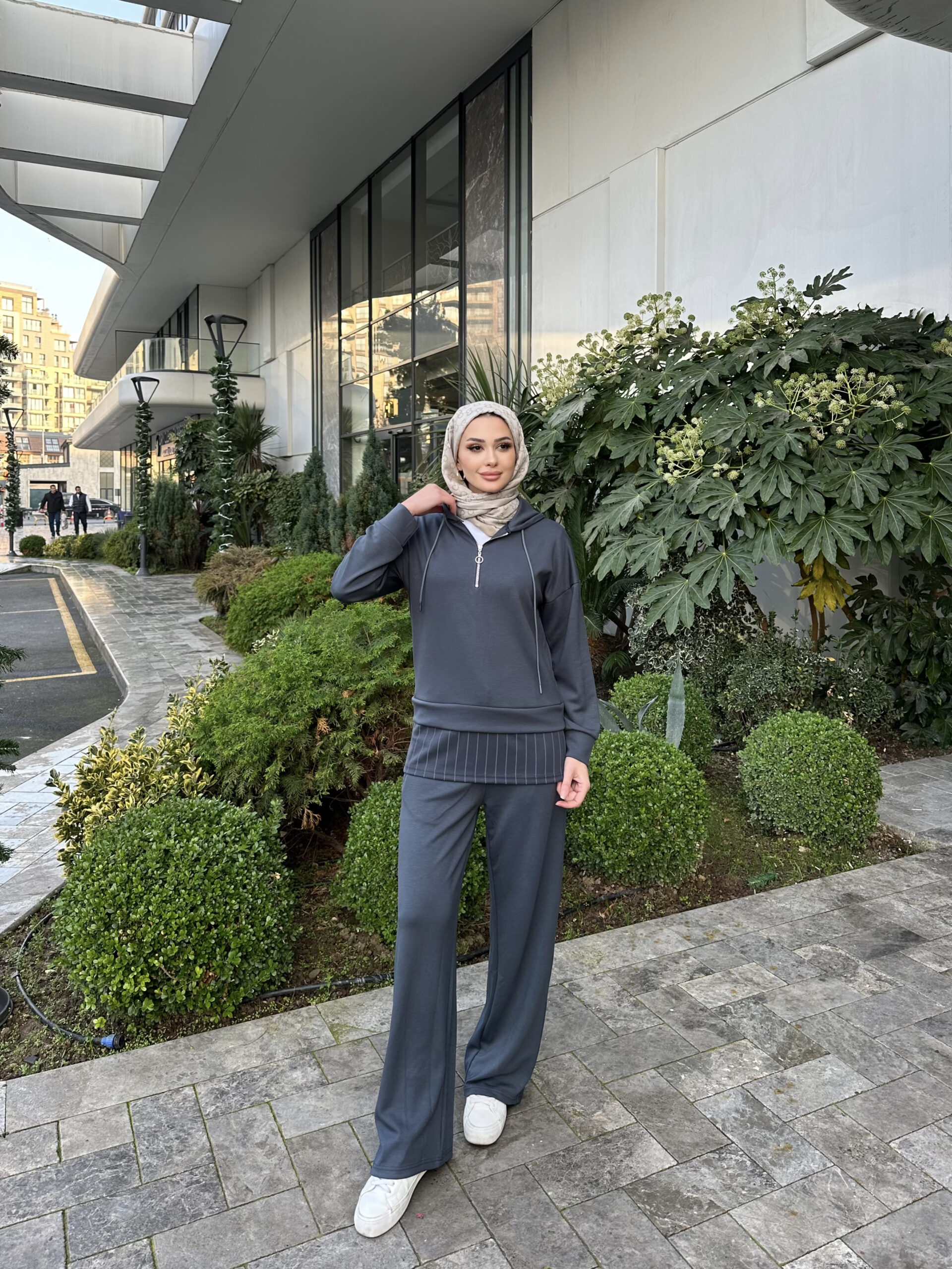 Premium Oysho Kumaş Çizgili İkili Takım - Füme - Görsel 8