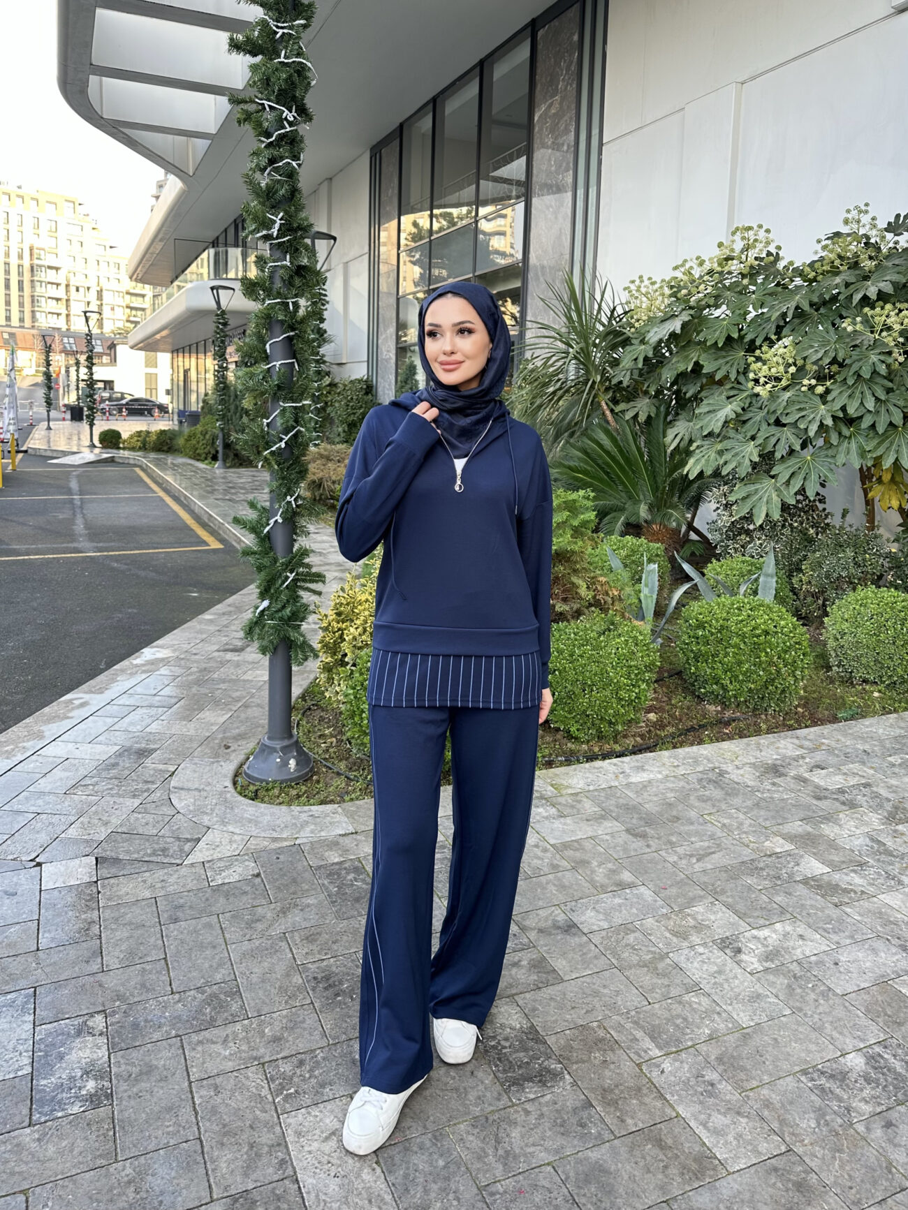 Premium Oysho Kumaş Çizgili İkili Takım - Lacivert - Görsel 2