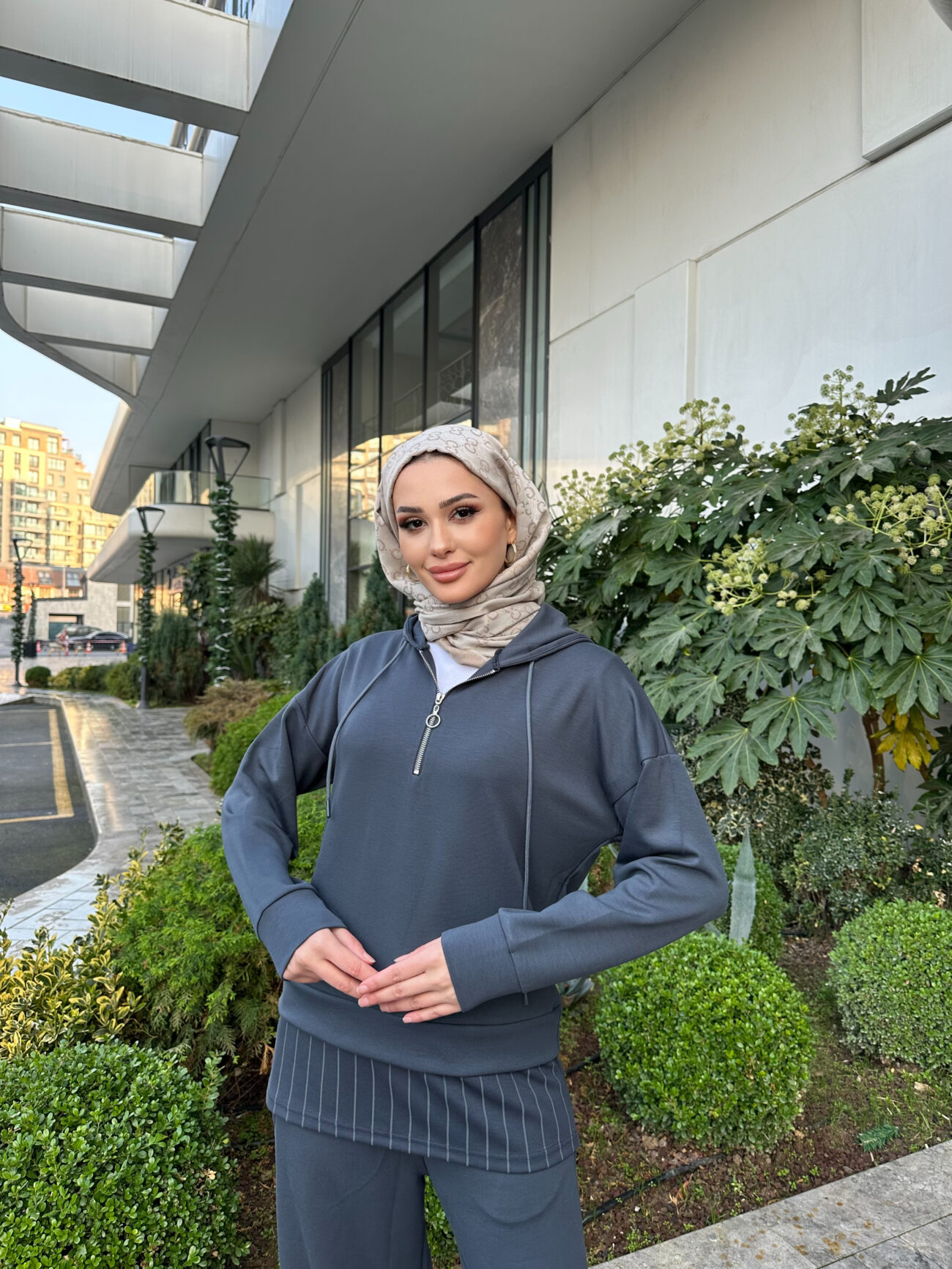 Premium Oysho Kumaş Çizgili İkili Takım - Füme - Görsel 6