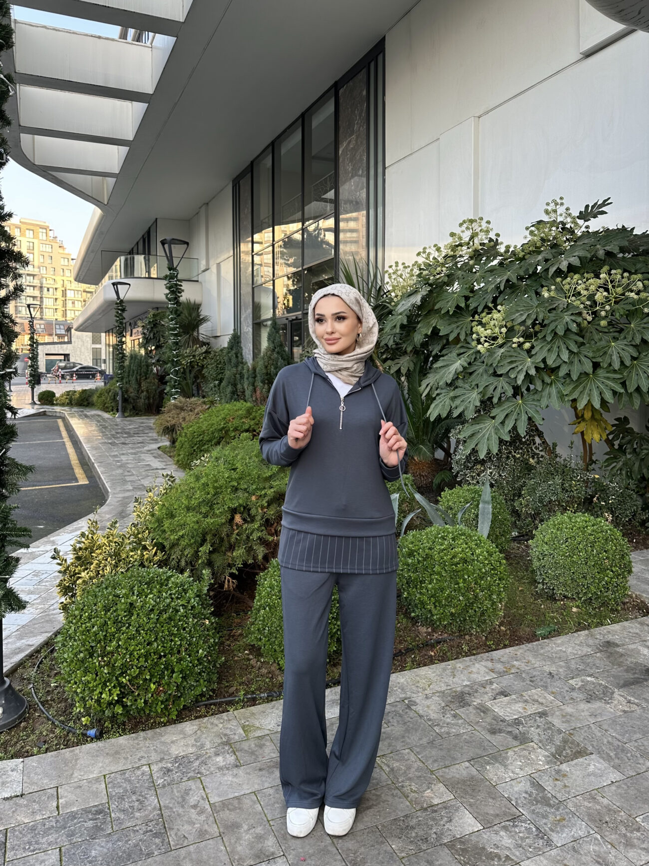 Premium Oysho Kumaş Çizgili İkili Takım - Füme