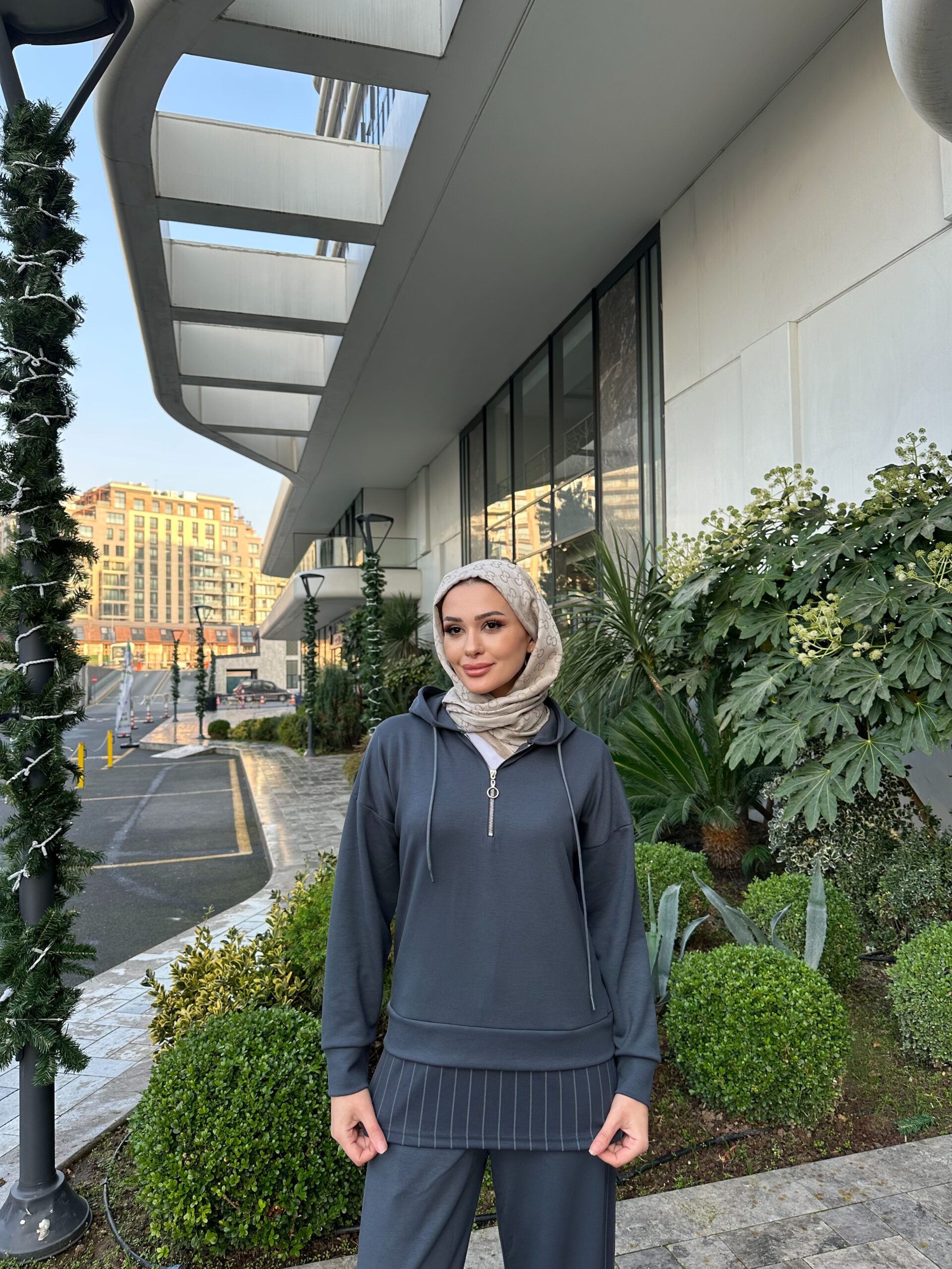 Premium Oysho Kumaş Çizgili İkili Takım - Füme - Görsel 7