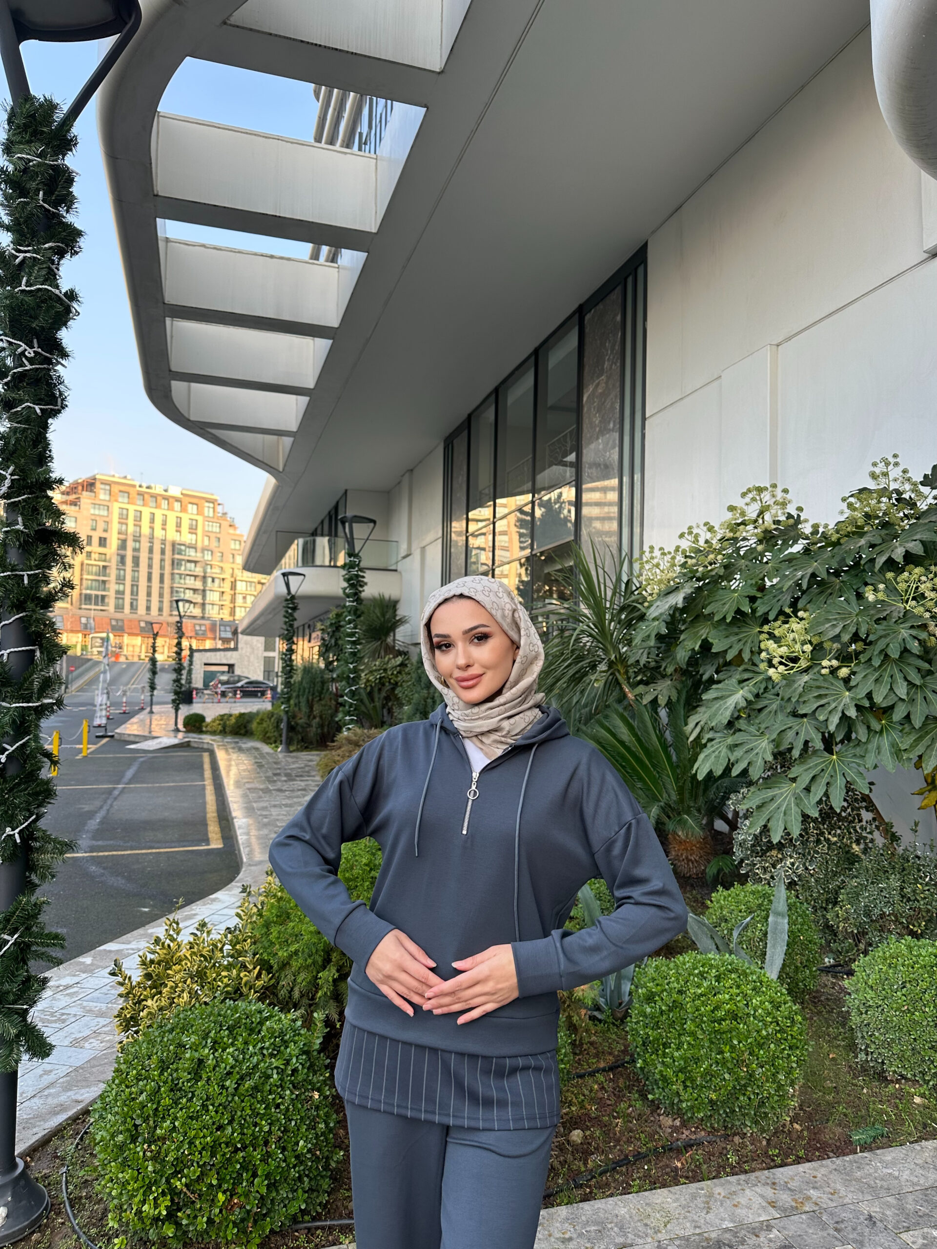 Premium Oysho Kumaş Çizgili İkili Takım - Füme - Görsel 5