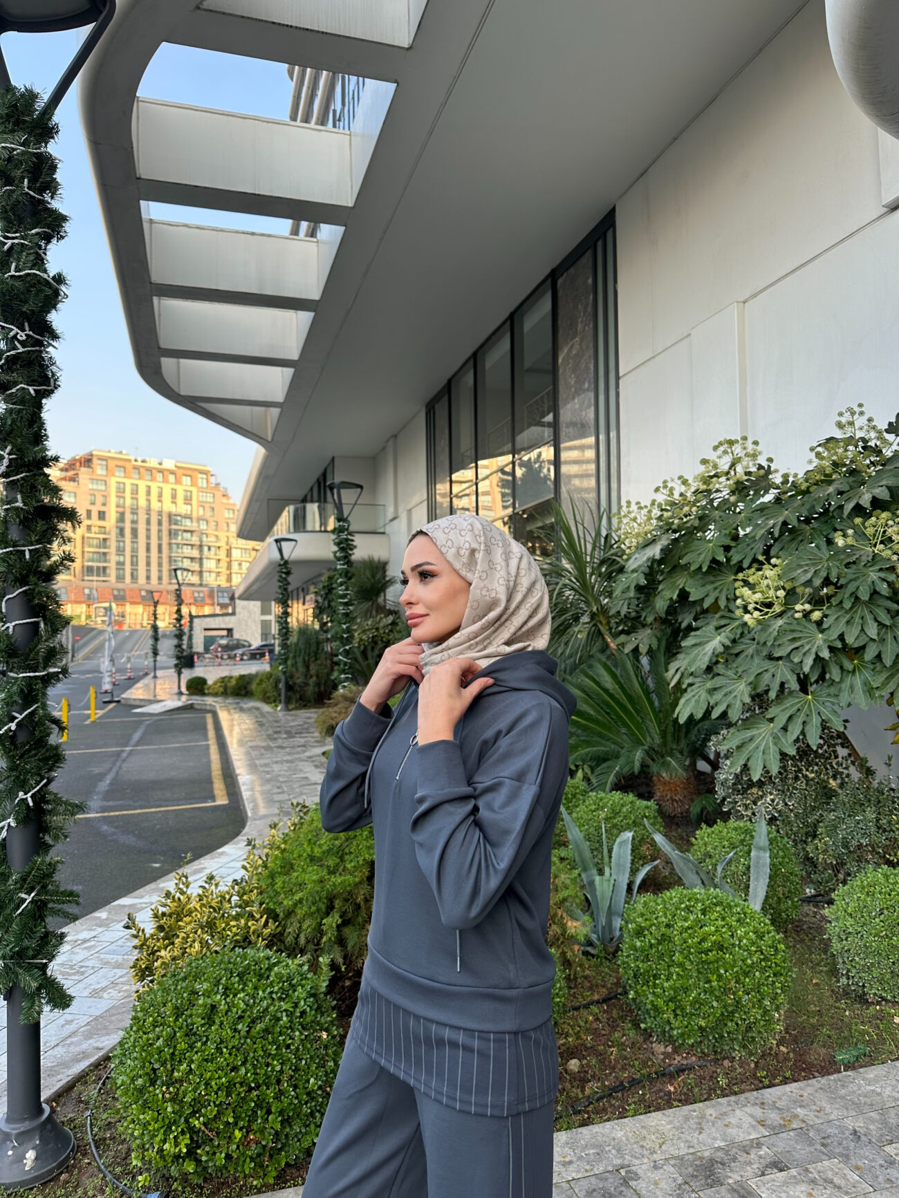 Premium Oysho Kumaş Çizgili İkili Takım - Füme - Görsel 4