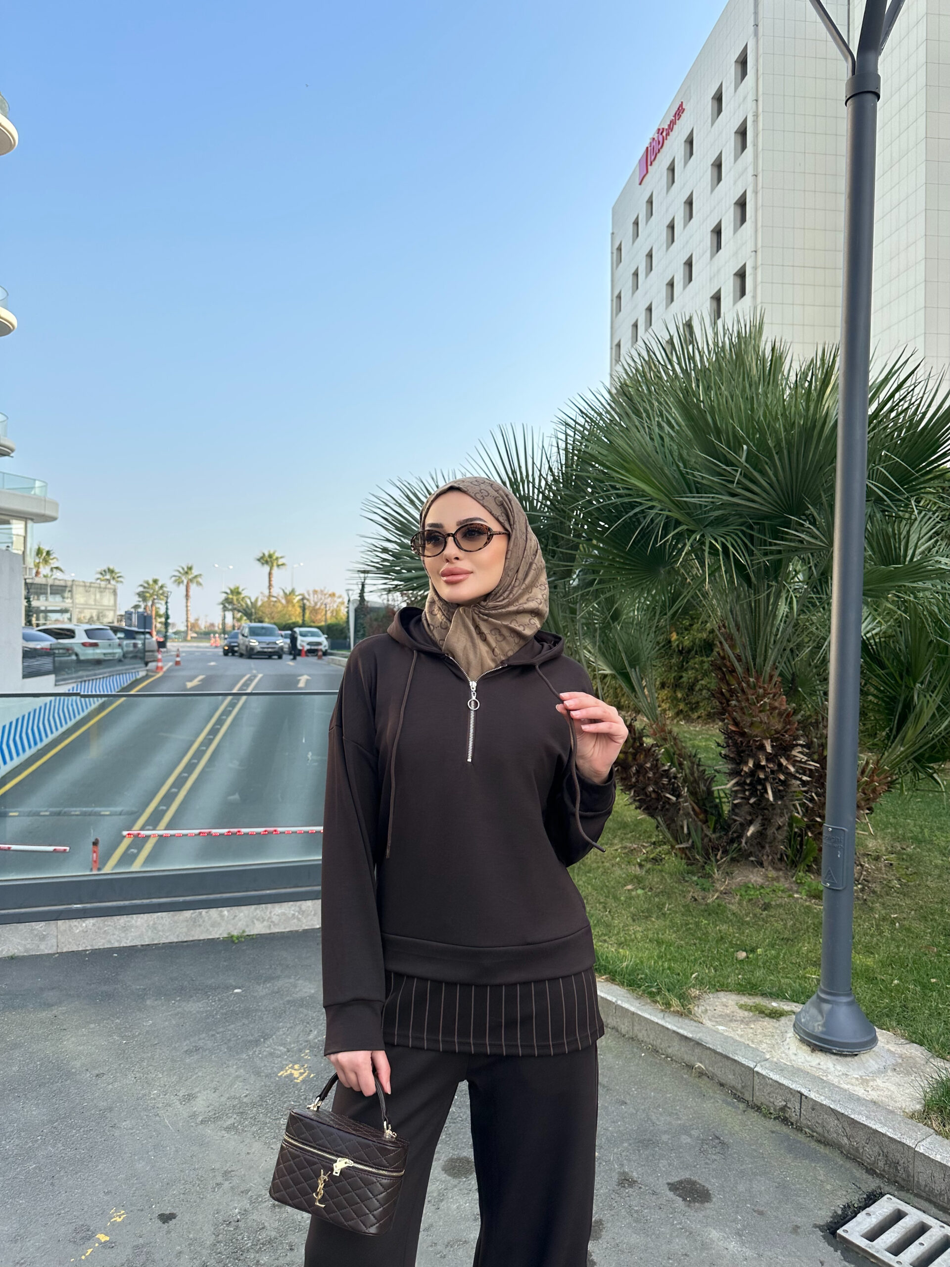 Premium Oysho Kumaş Çizgili İkili Takım - Kahve - Görsel 6