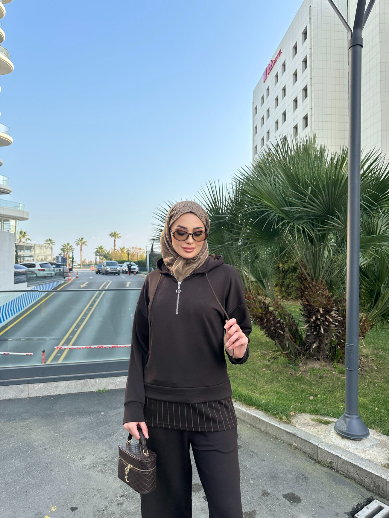 Premium Oysho Kumaş Çizgili İkili Takım - Kahve - Görsel 3