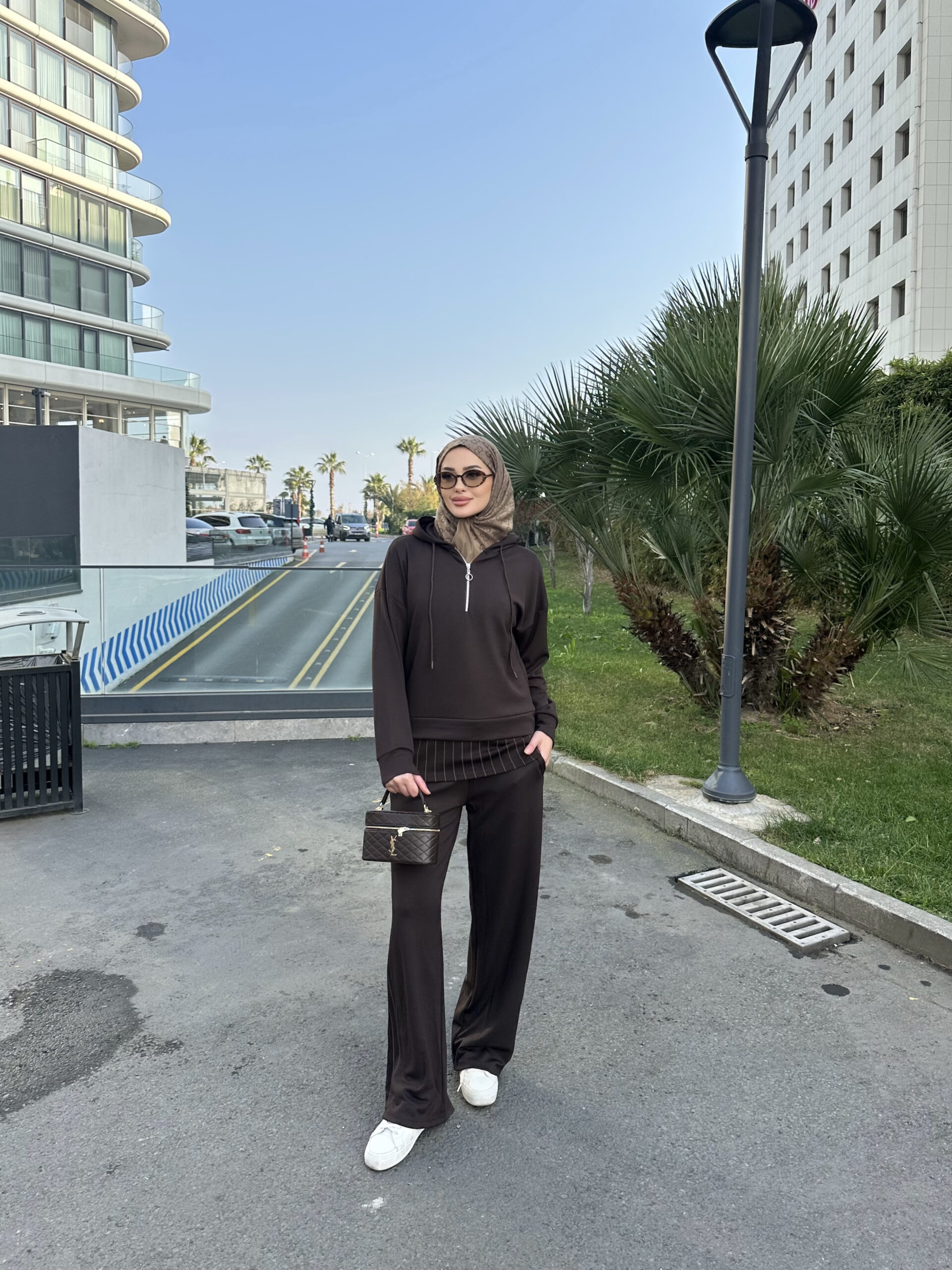 Premium Oysho Kumaş Çizgili İkili Takım - Kahve