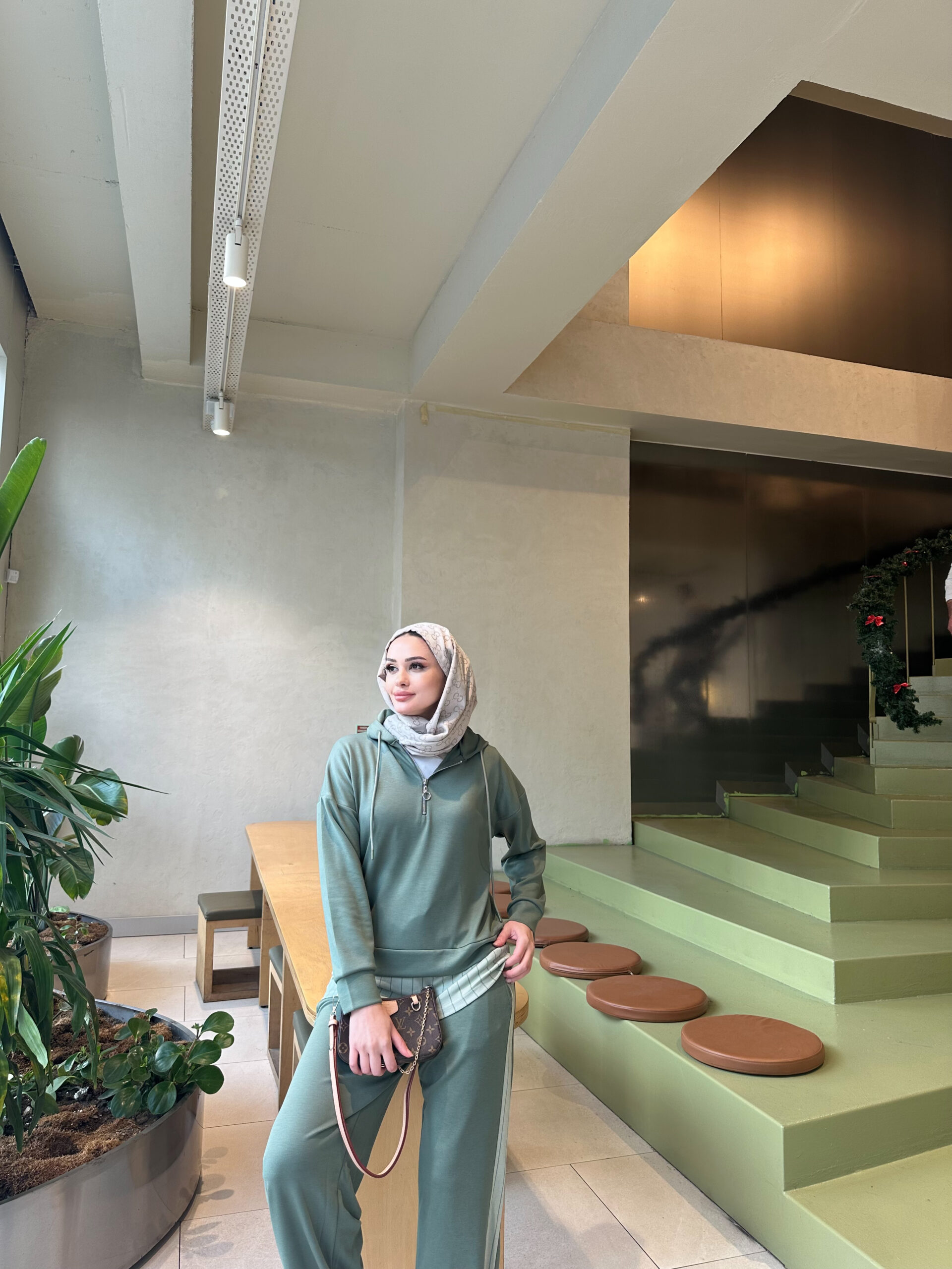 Premium Oysho Kumaş Çizgili İkili Takım - Haki - Görsel 8