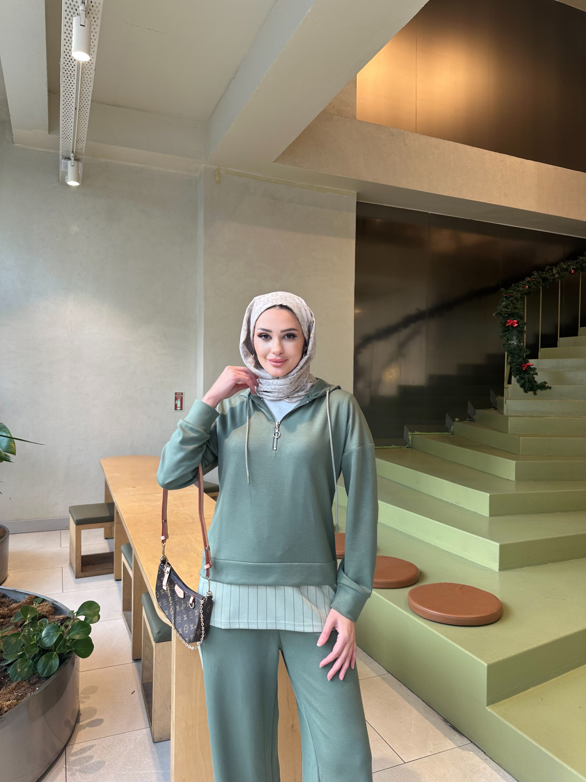 Premium Oysho Kumaş Çizgili İkili Takım - Haki - Görsel 7