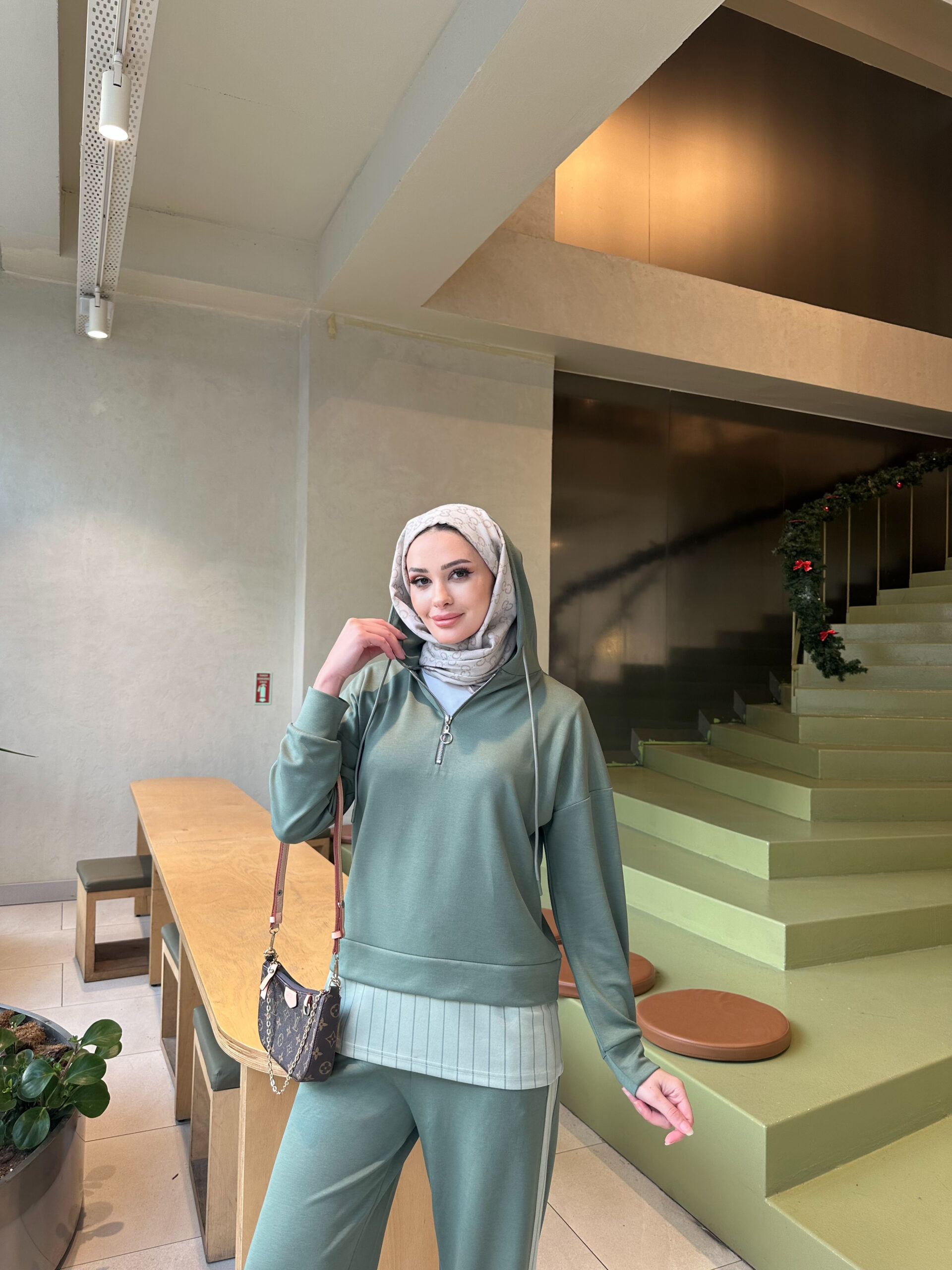 Premium Oysho Kumaş Çizgili İkili Takım - Haki - Görsel 6