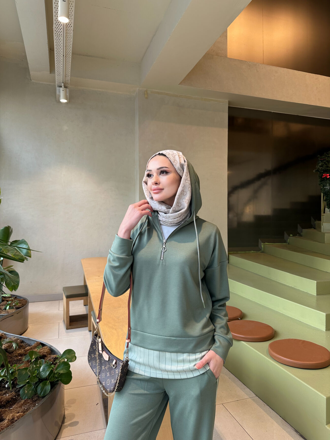 Premium Oysho Kumaş Çizgili İkili Takım - Haki - Görsel 5