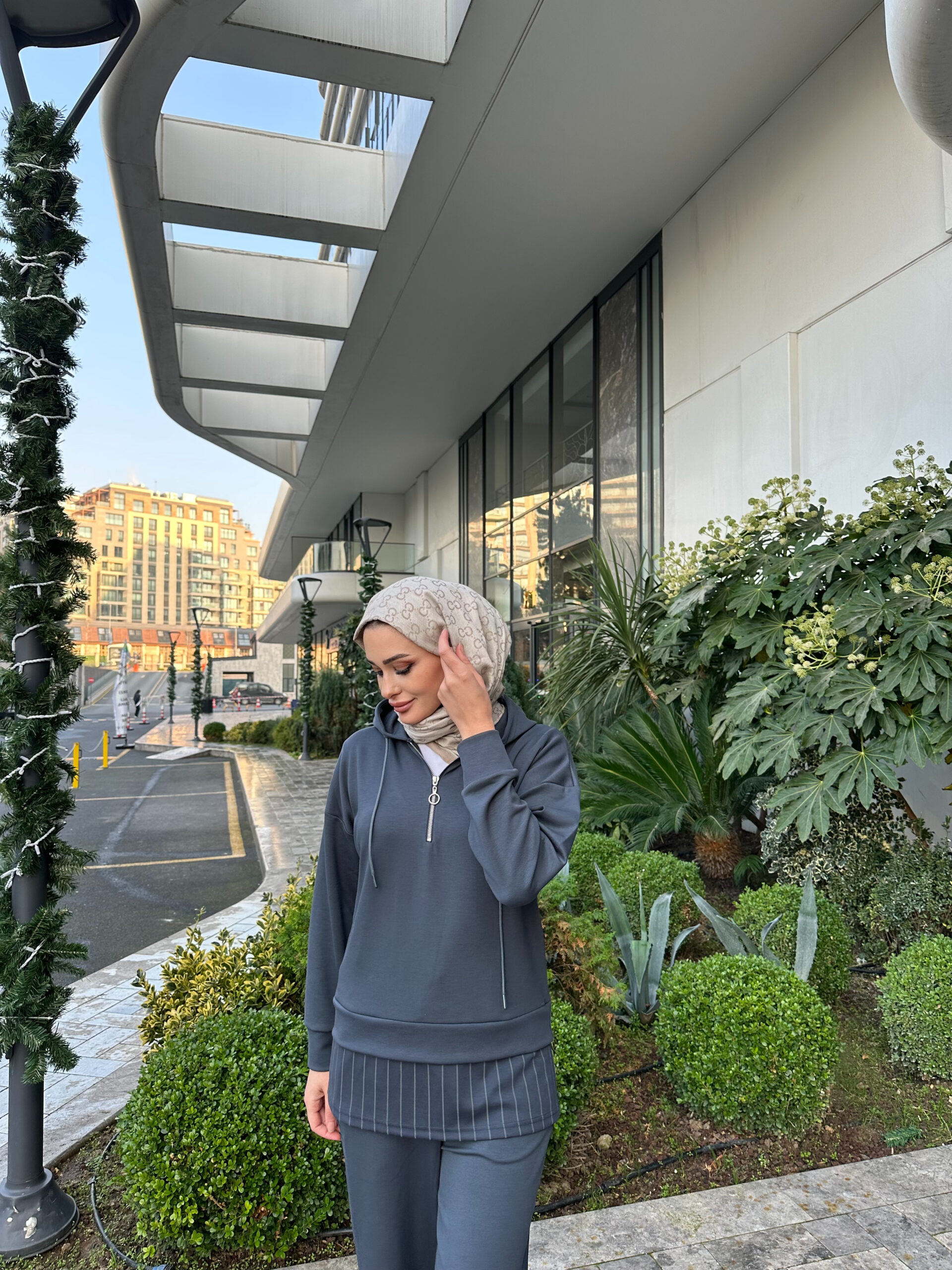 Premium Oysho Kumaş Çizgili İkili Takım - Füme - Görsel 2