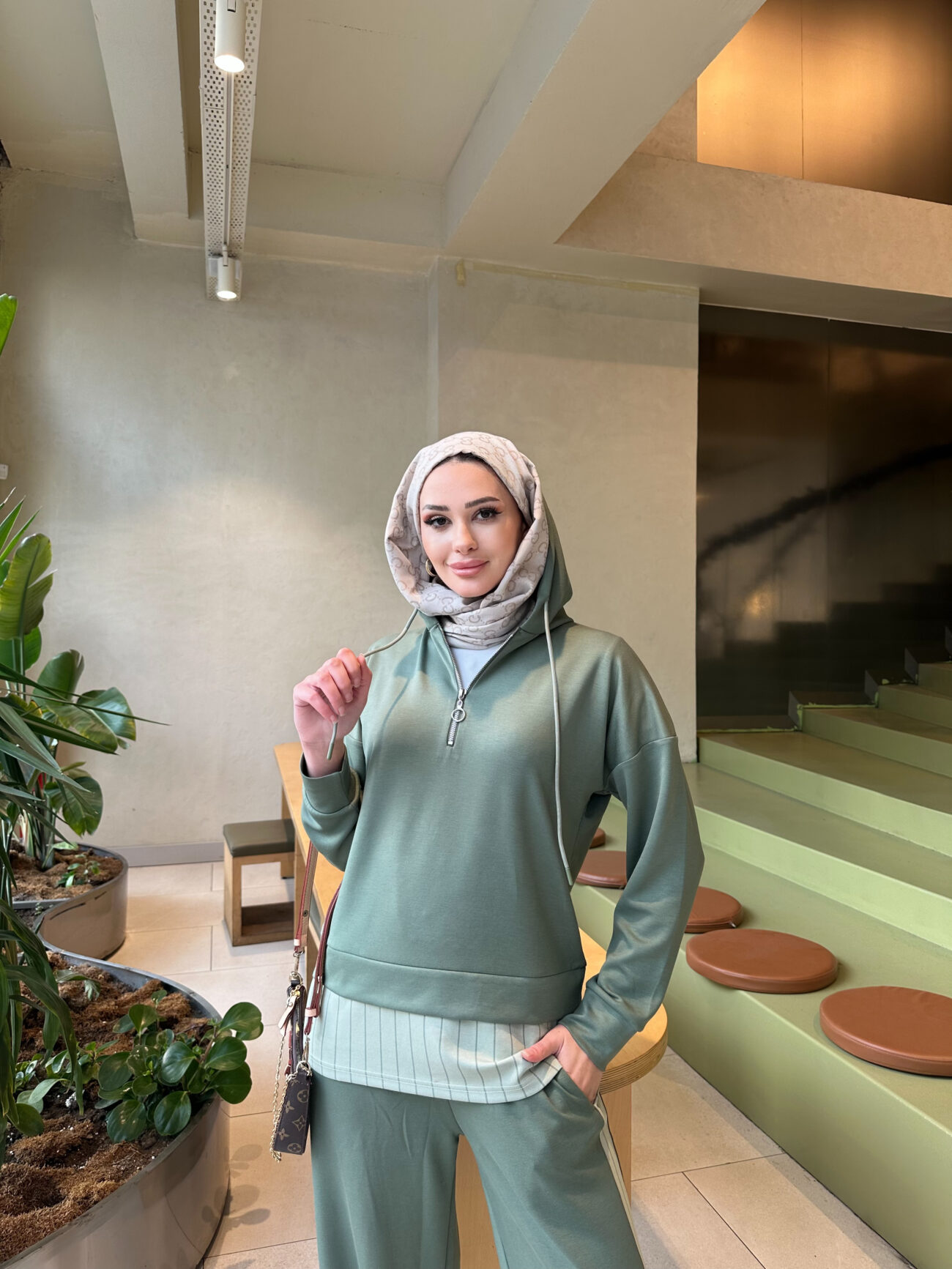 Premium Oysho Kumaş Çizgili İkili Takım - Haki - Görsel 3