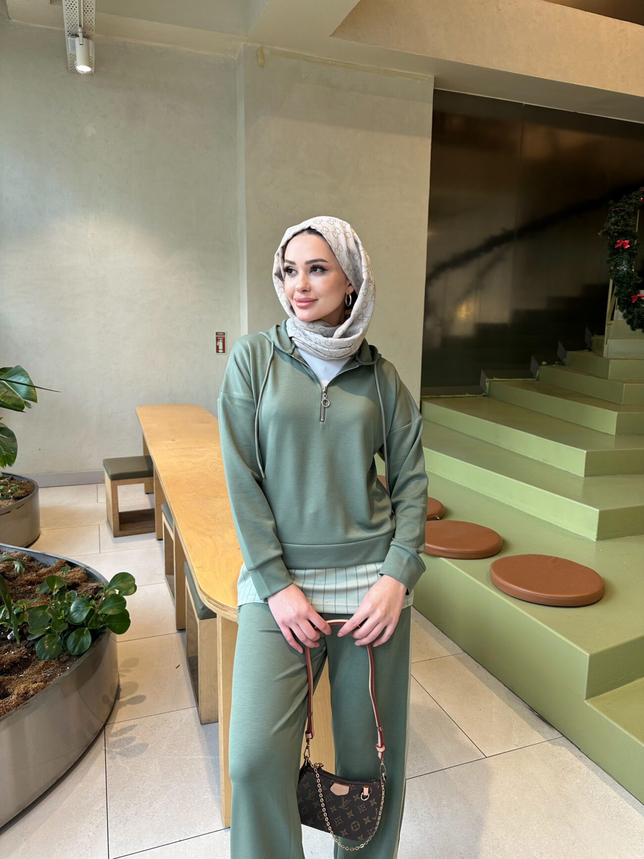 Premium Oysho Kumaş Çizgili İkili Takım - Haki - Görsel 2