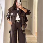 Twst Paraşüt Kol Detaylı Garnili İkili Takım- Kahve