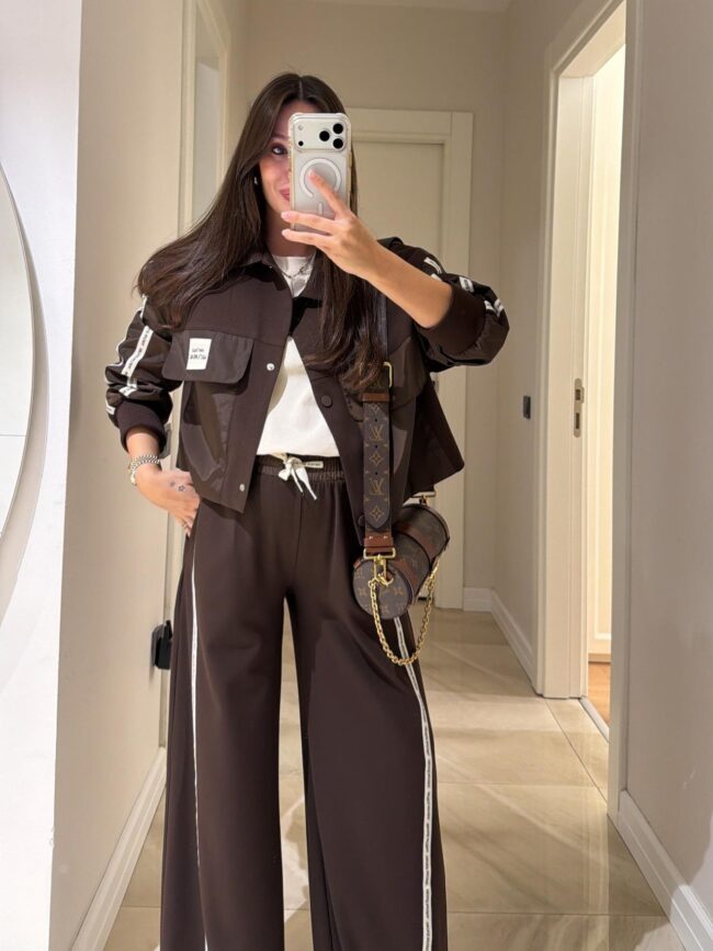 Twst Paraşüt Kol Detaylı Garnili İkili Takım- Kahve