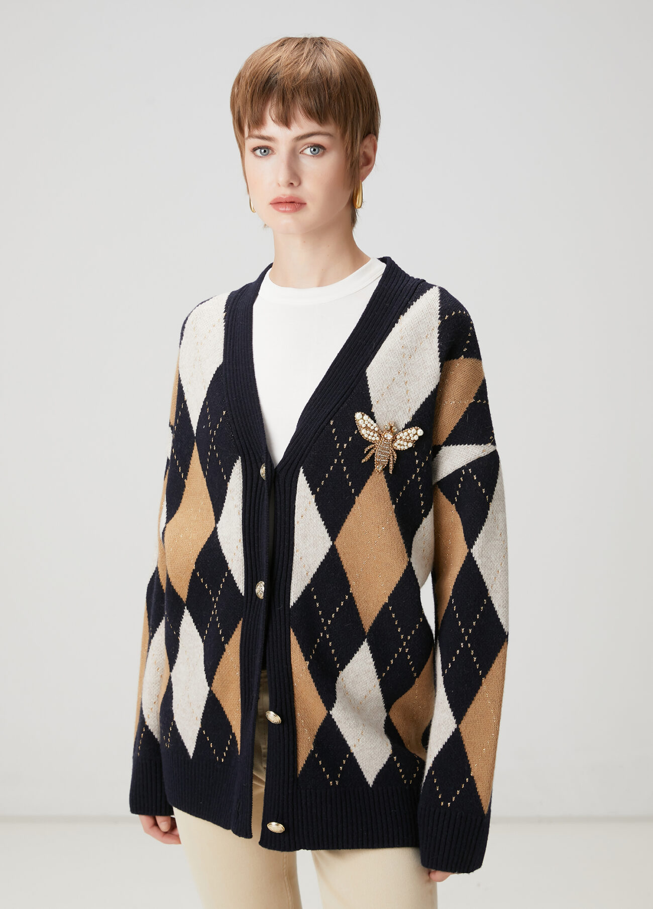 Beymen Lacivert Camel Desenli Yün Hırka