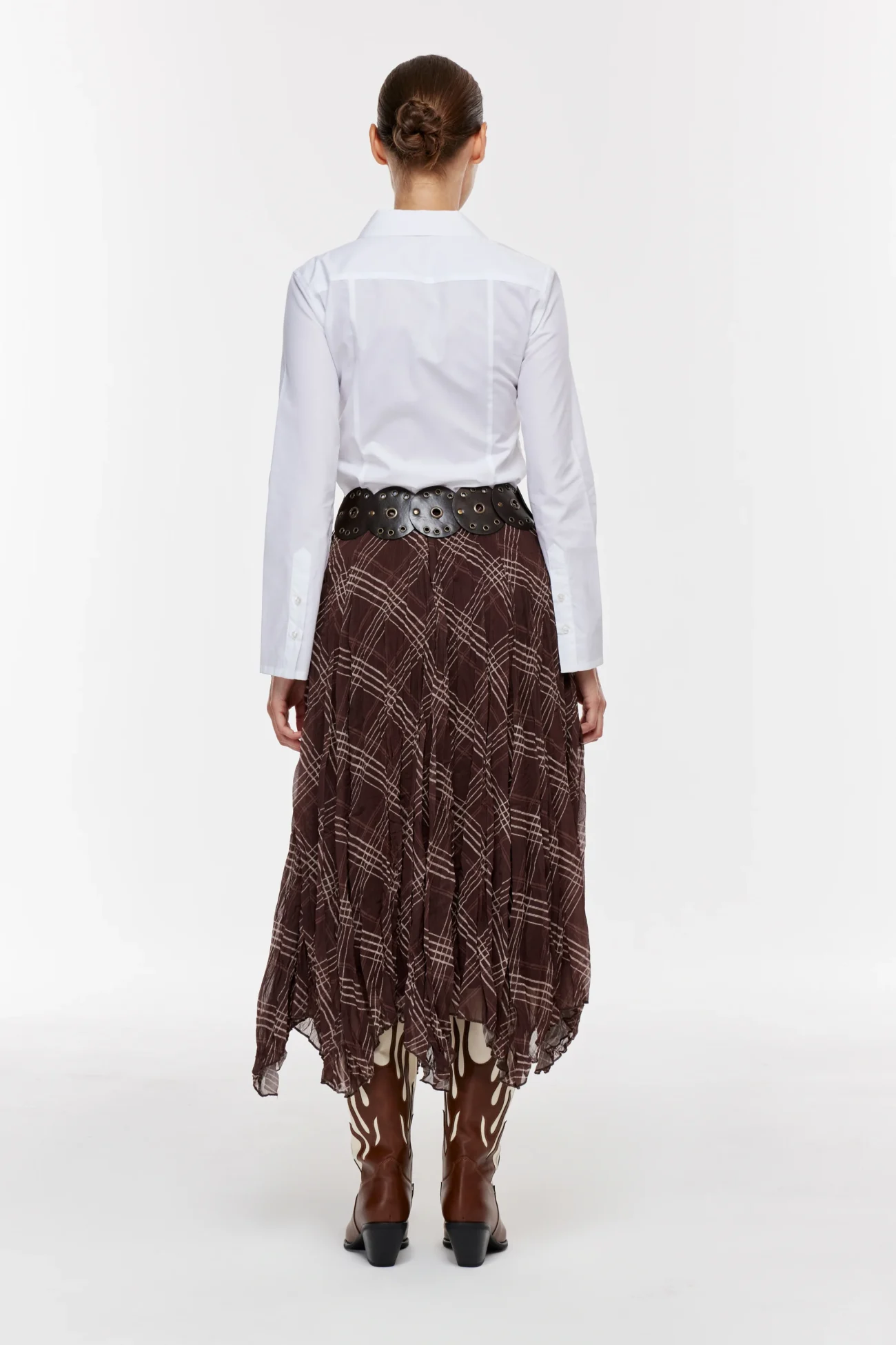 Kare Desenli Asimetrik Astarlı Etek -Kahve - Görsel 6