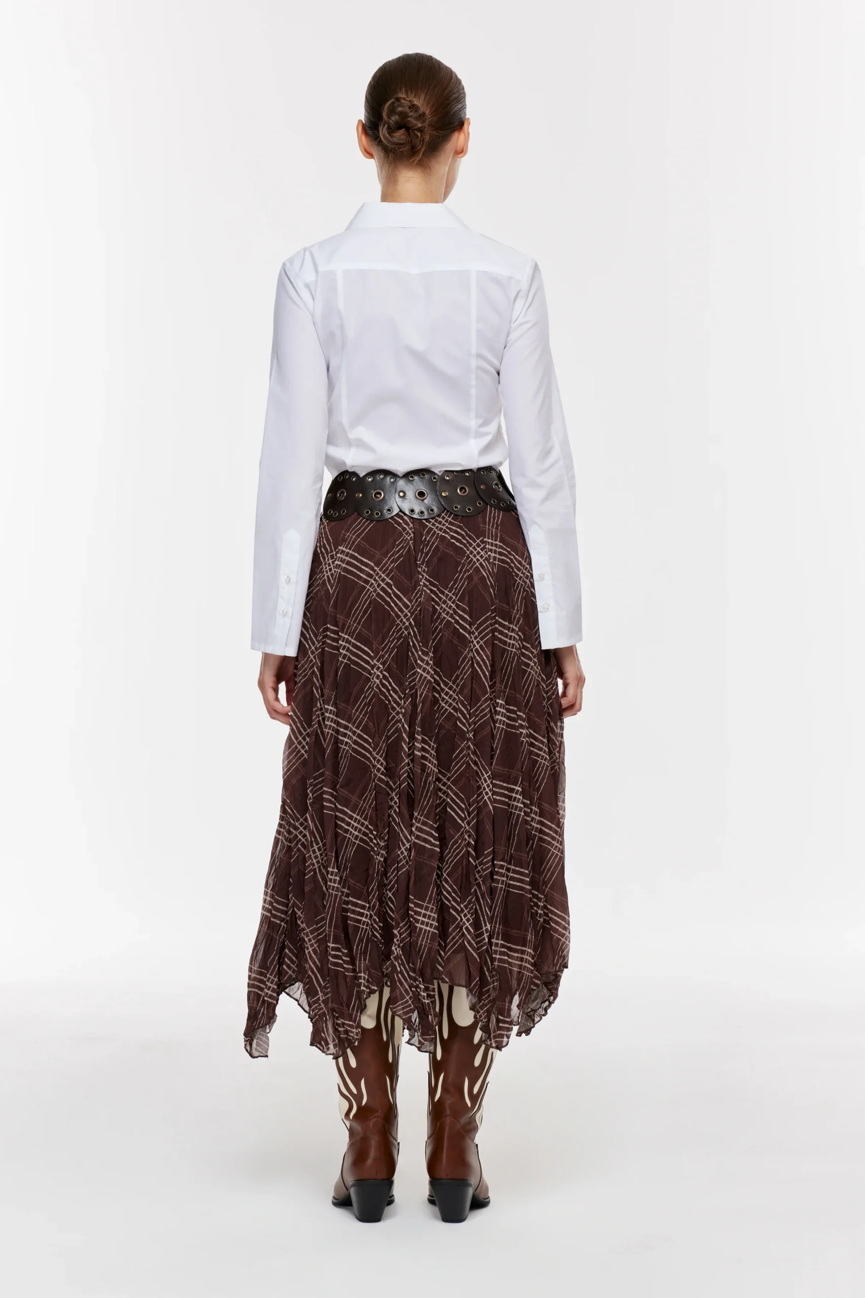 Kare Desenli Asimetrik Astarlı Etek -Kahve - Görsel 6