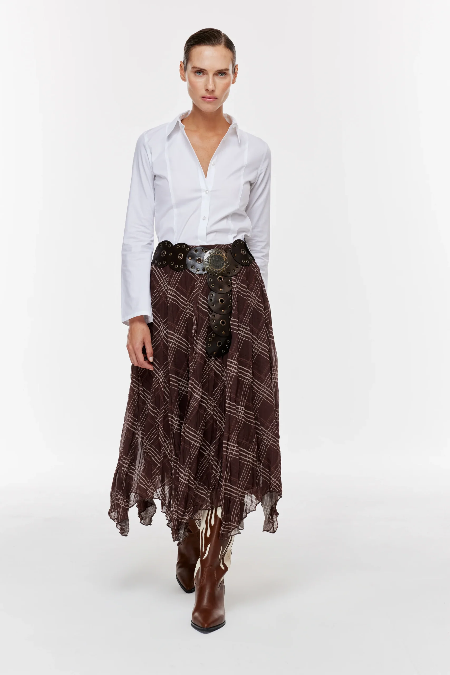 Kare Desenli Asimetrik Astarlı Etek -Kahve