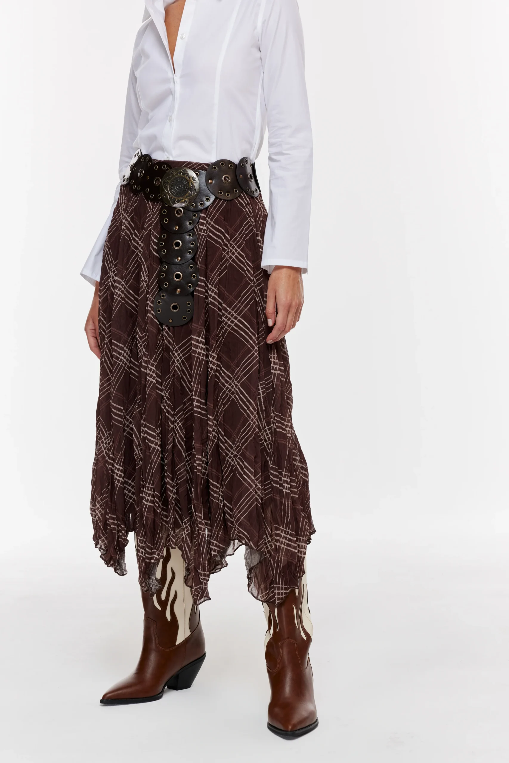 Kare Desenli Asimetrik Astarlı Etek -Kahve - Görsel 7