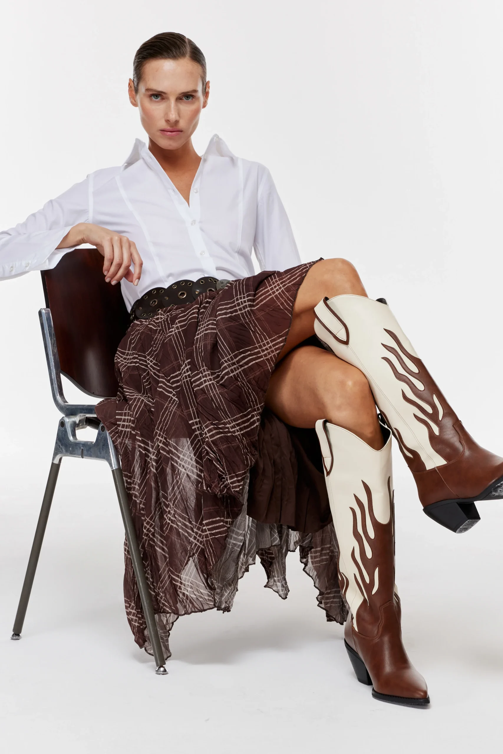 Kare Desenli Asimetrik Astarlı Etek -Kahve - Görsel 5