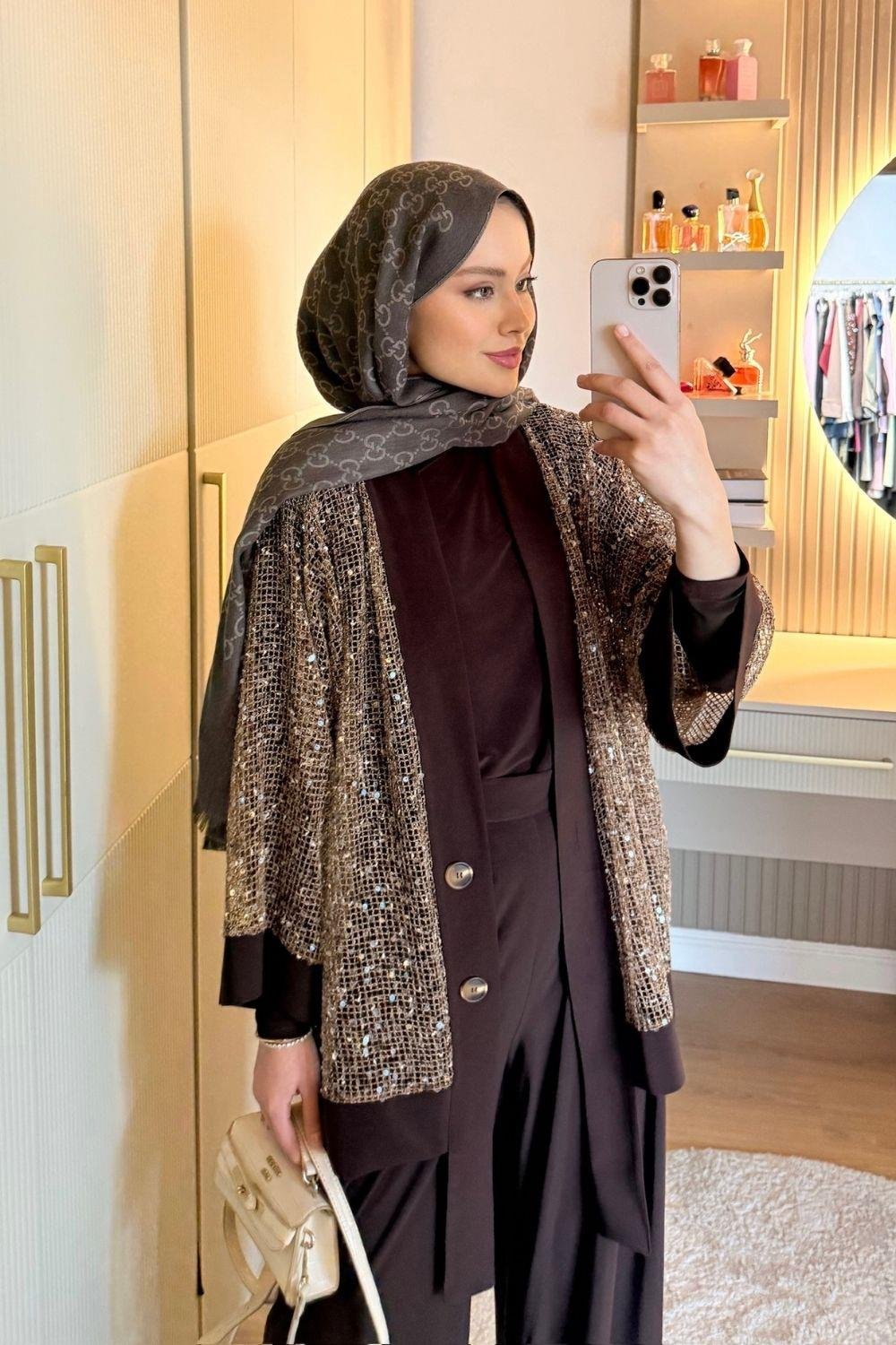 Payetli Üçlü Takım - Kahve - Görsel 3