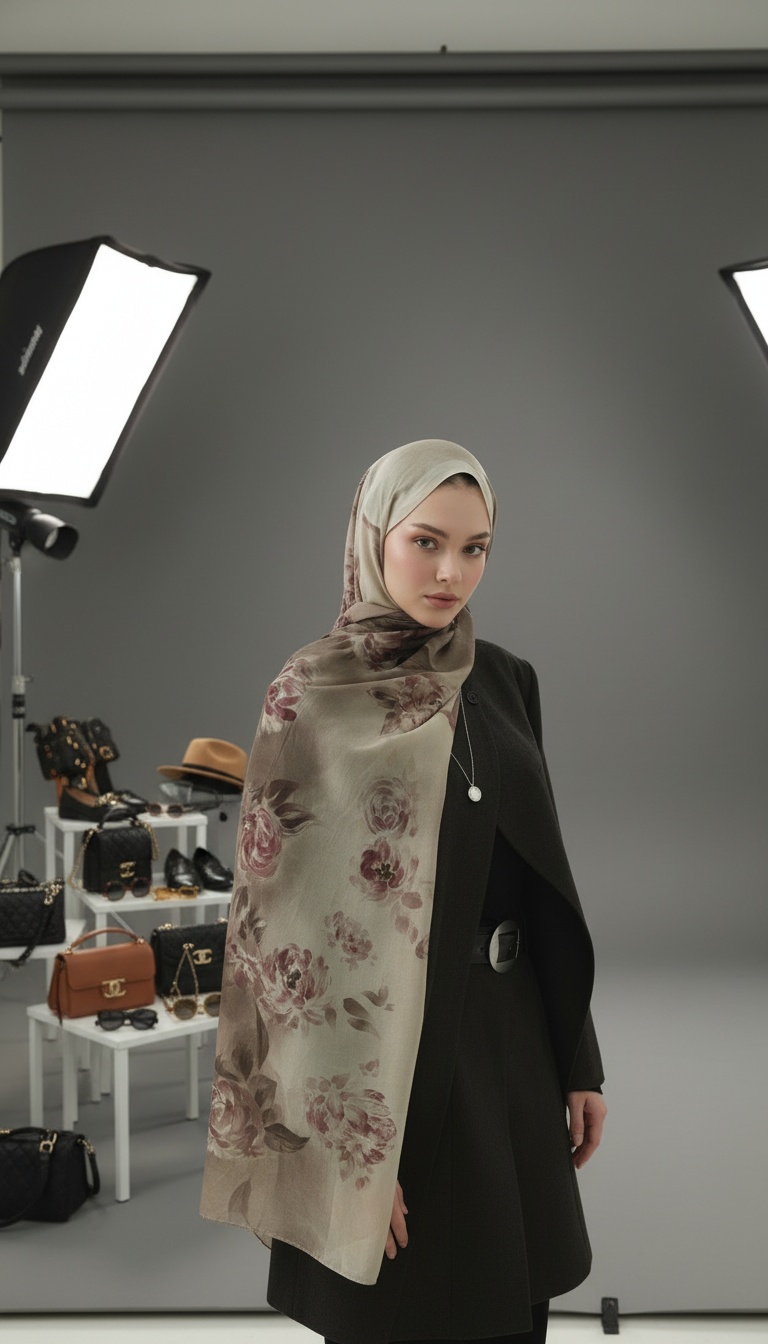 Marıelle Desenli Pamuk Şal - Bej - Görsel 2