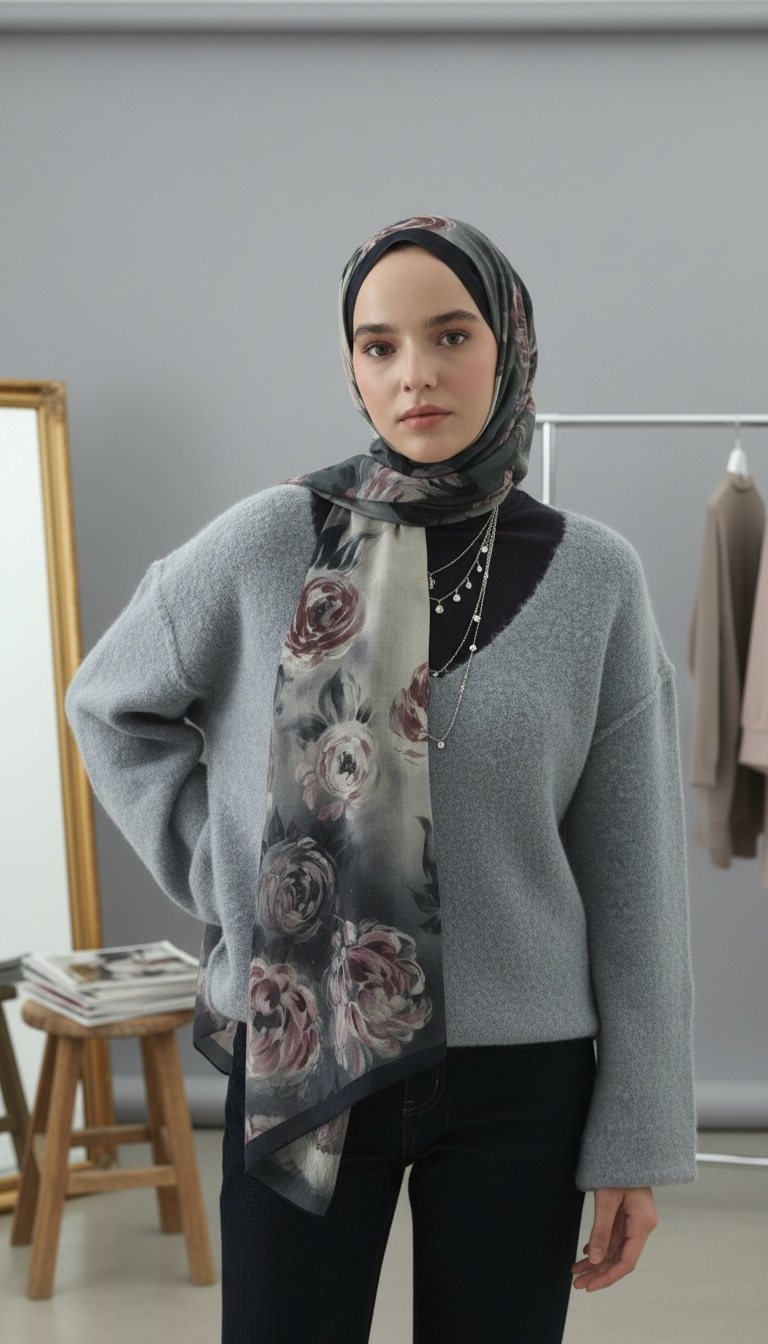 Marıelle Desenli Pamuk Şal - Gece Mavisi