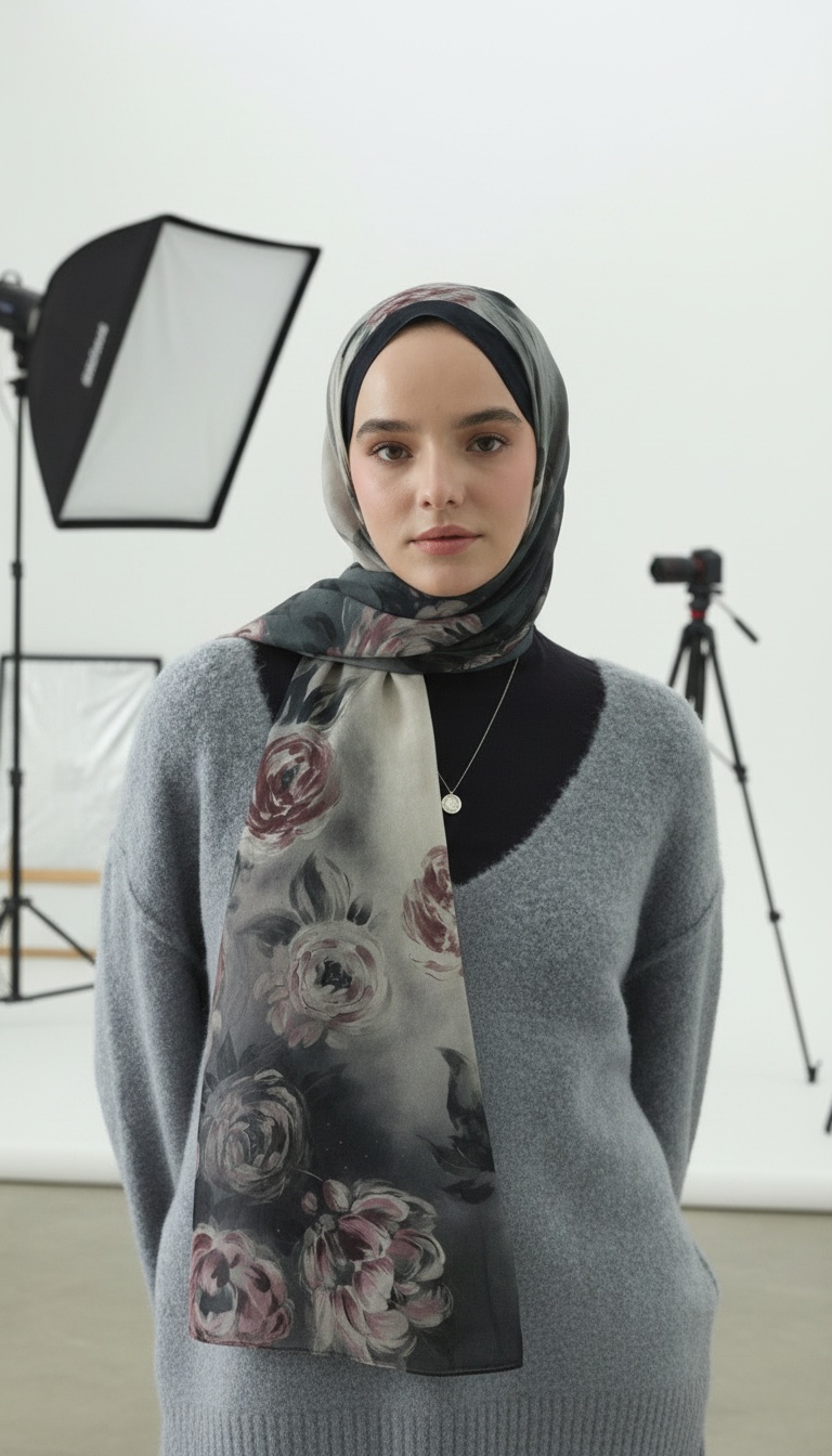 Marıelle Desenli Pamuk Şal - Gece Mavisi - Görsel 2