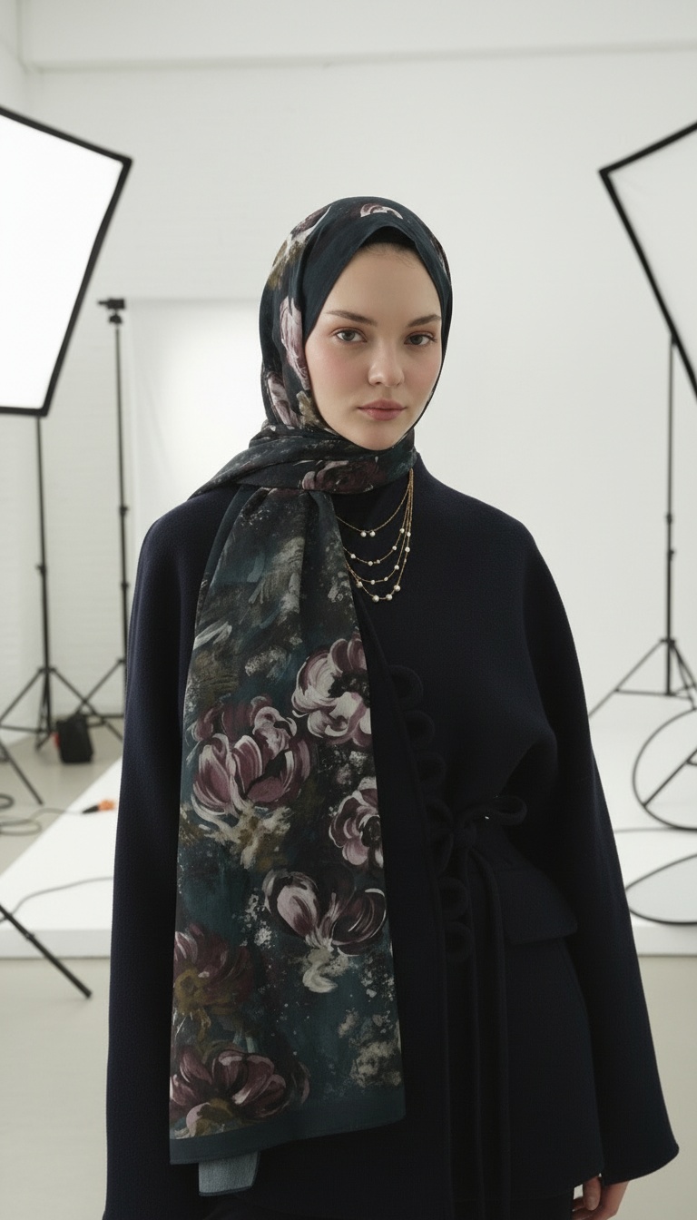 Madeleıne Desenli Pamuk Şal - Petrol - Görsel 2