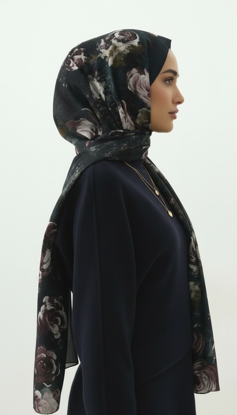 Madeleıne Desenli Pamuk Şal - Petrol - Görsel 5