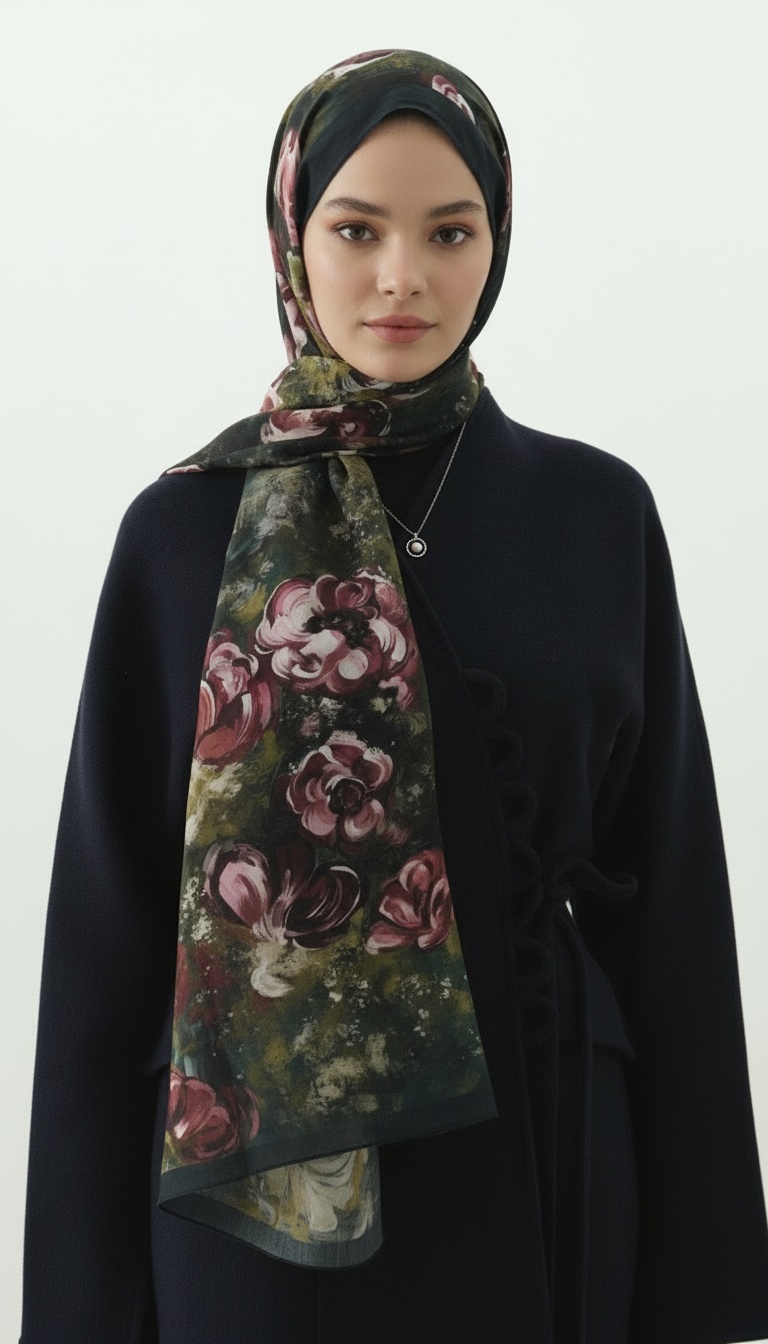 Madeleıne Desenli Pamuk Şal - Yeşil - Görsel 3