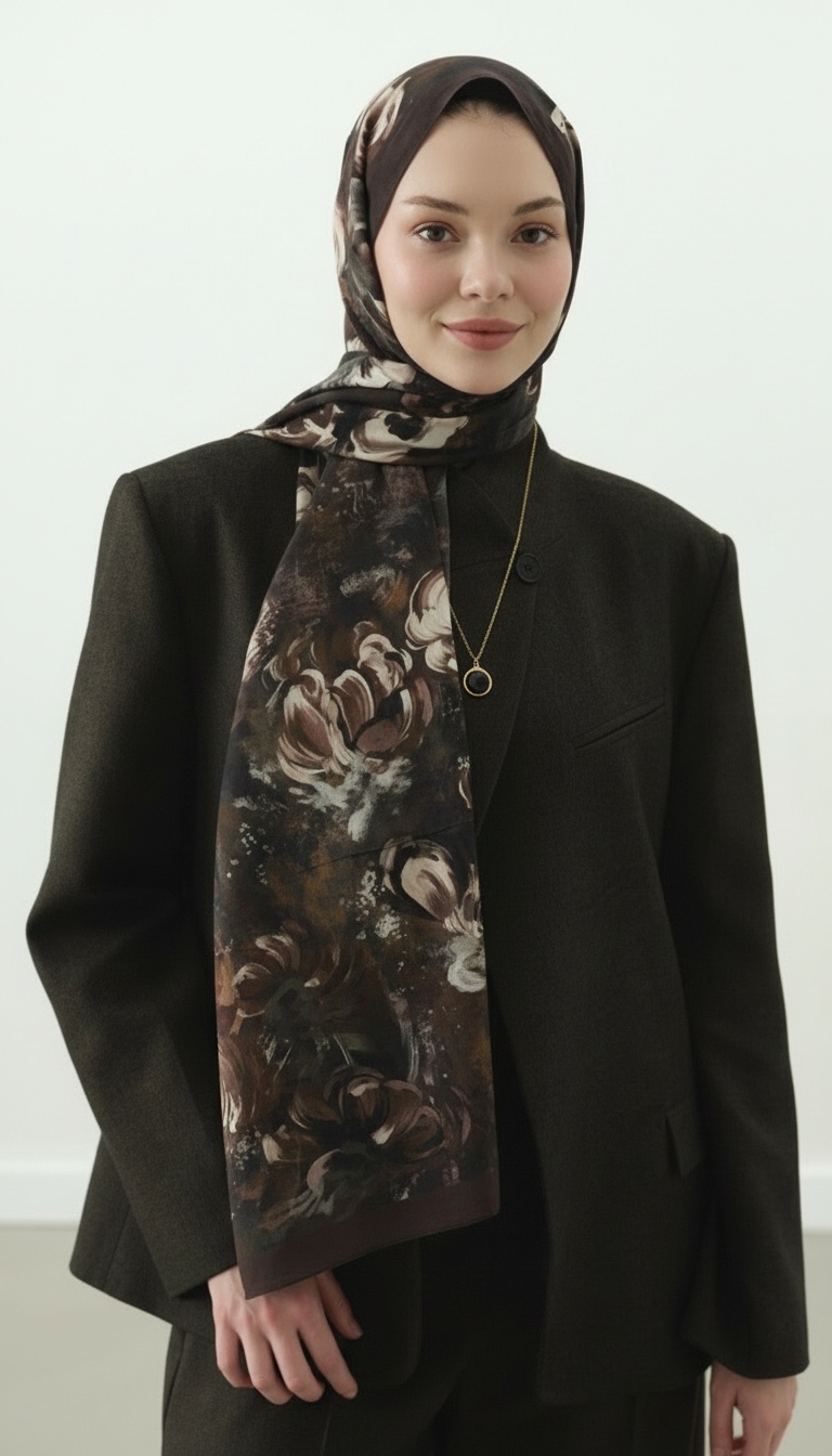 Madeleıne Desenli Pamuk Şal - Kahve - Görsel 4