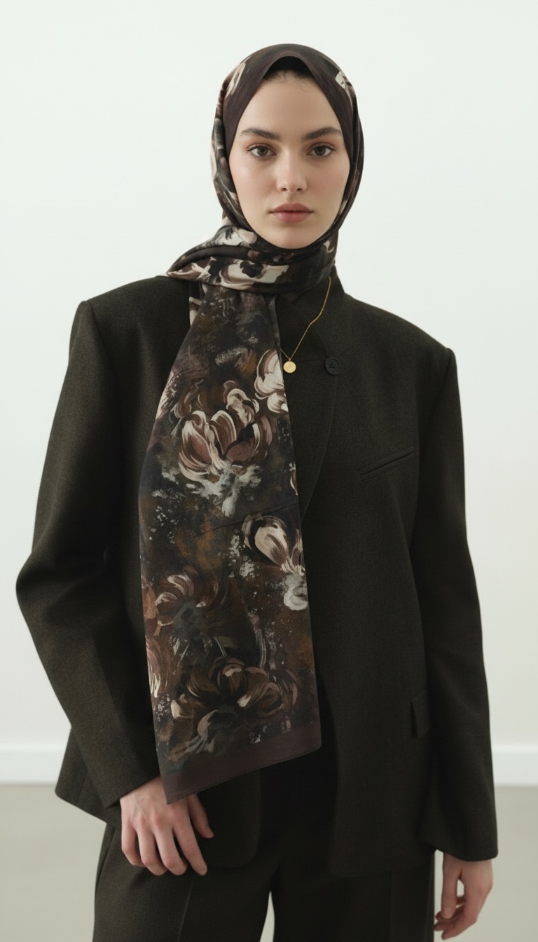 Madeleıne Desenli Pamuk Şal - Kahve - Görsel 2