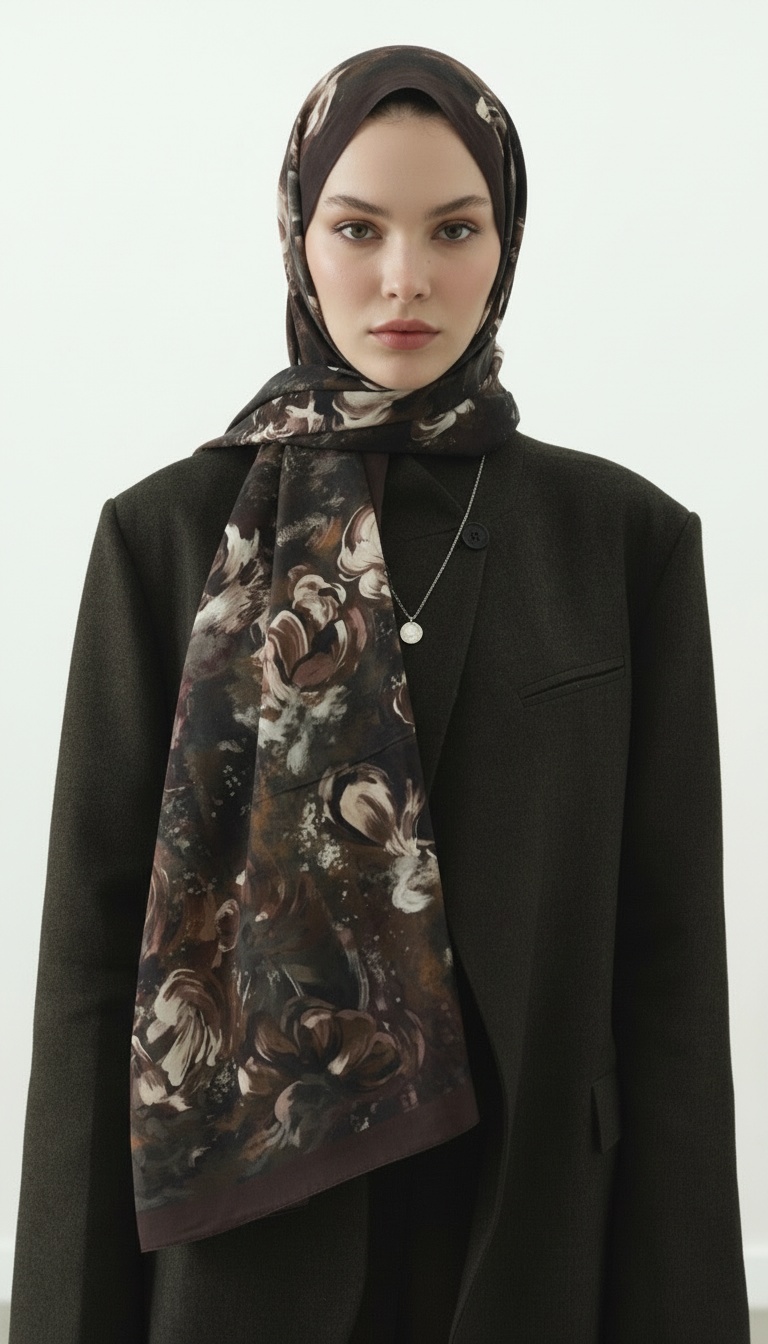 Madeleıne Desenli Pamuk Şal - Kahve - Görsel 5